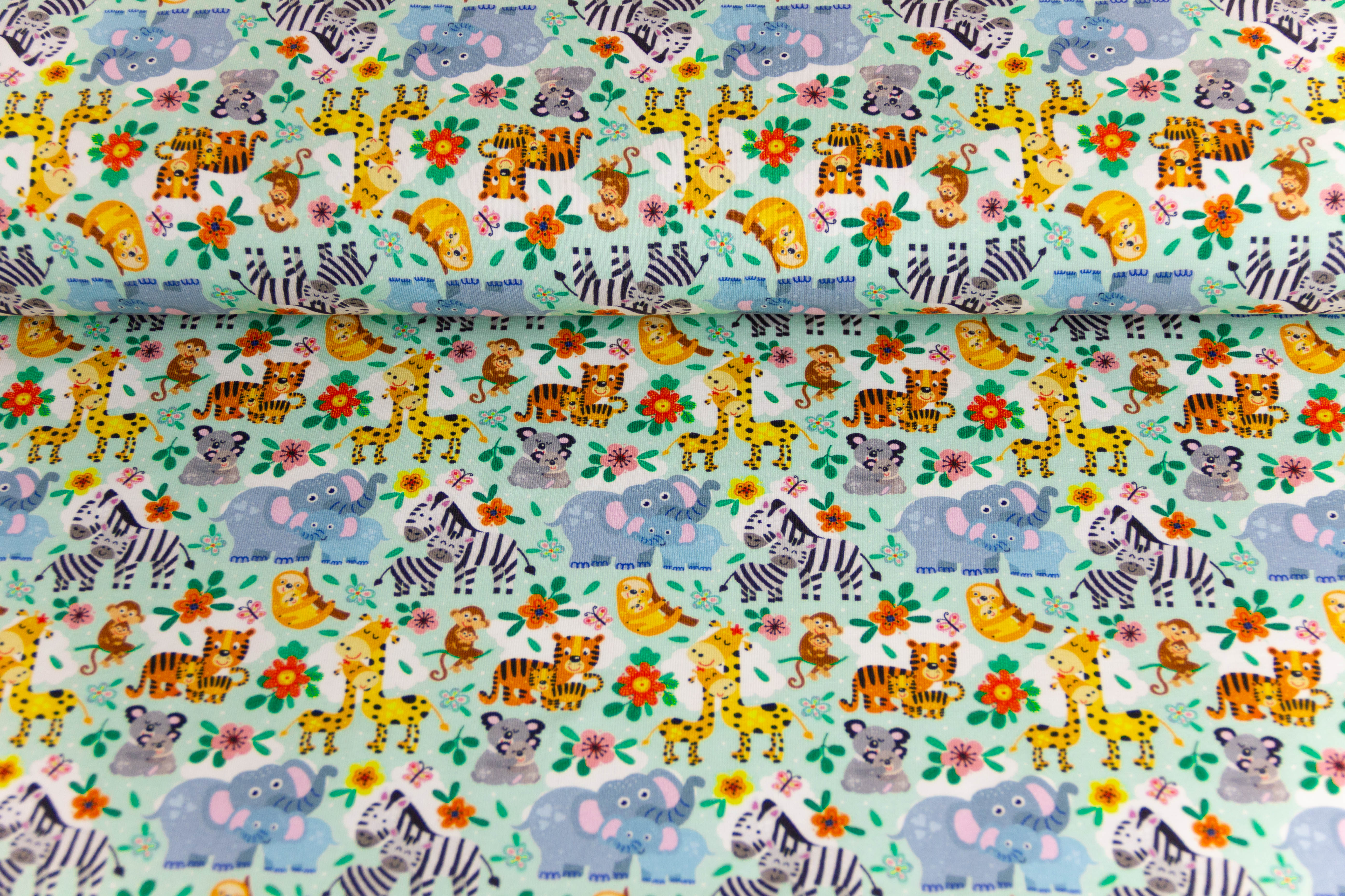 Jersey mit Zootieren, Elefanten, Giraffen, mintgrün, Artikel-Nr. FVJ-2328, Fräulein von Julie, 0,5 m