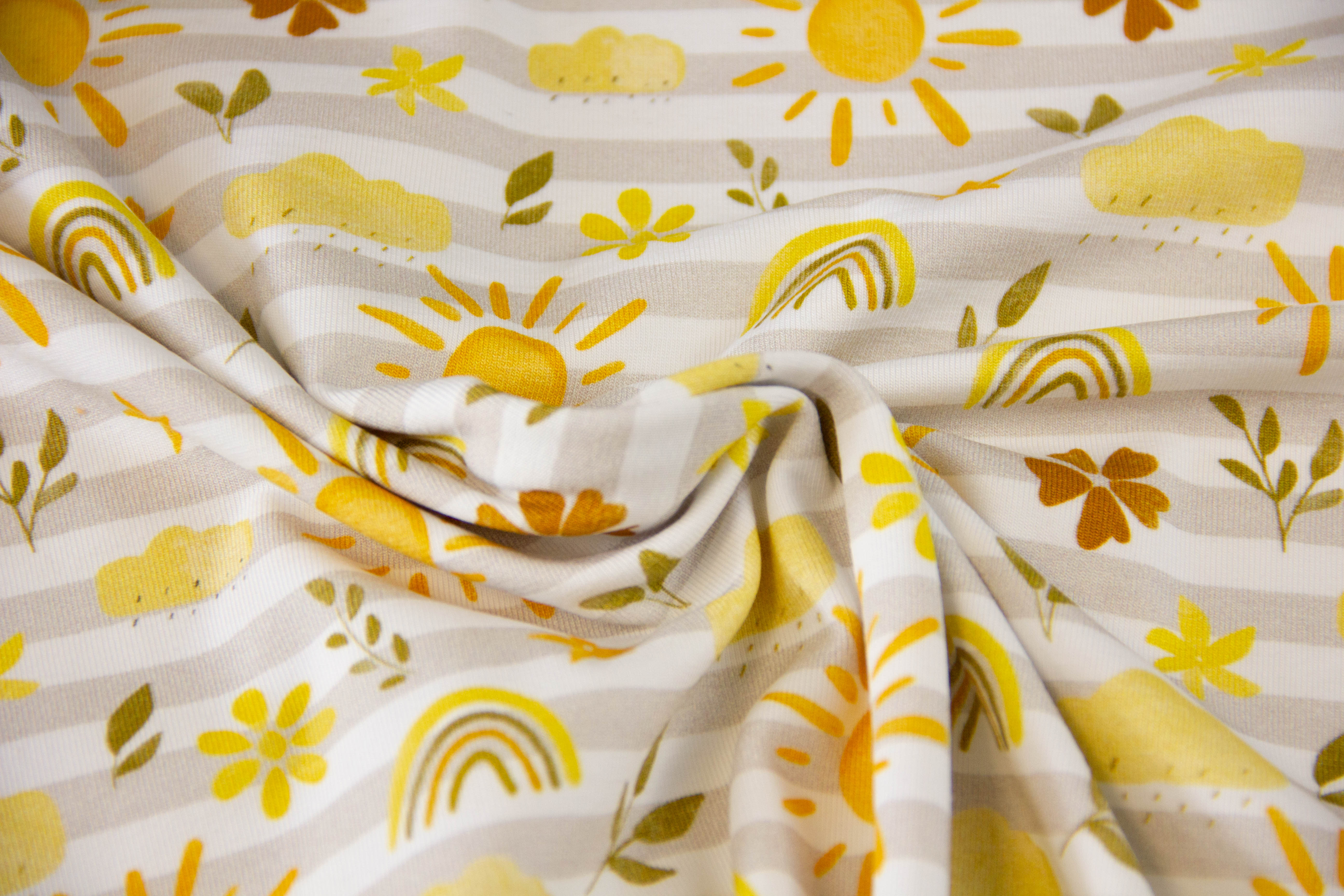Stoffpaket Jersey + Bündchen "Sonne und Regen", Fräulein von Julie, weiß, ocker