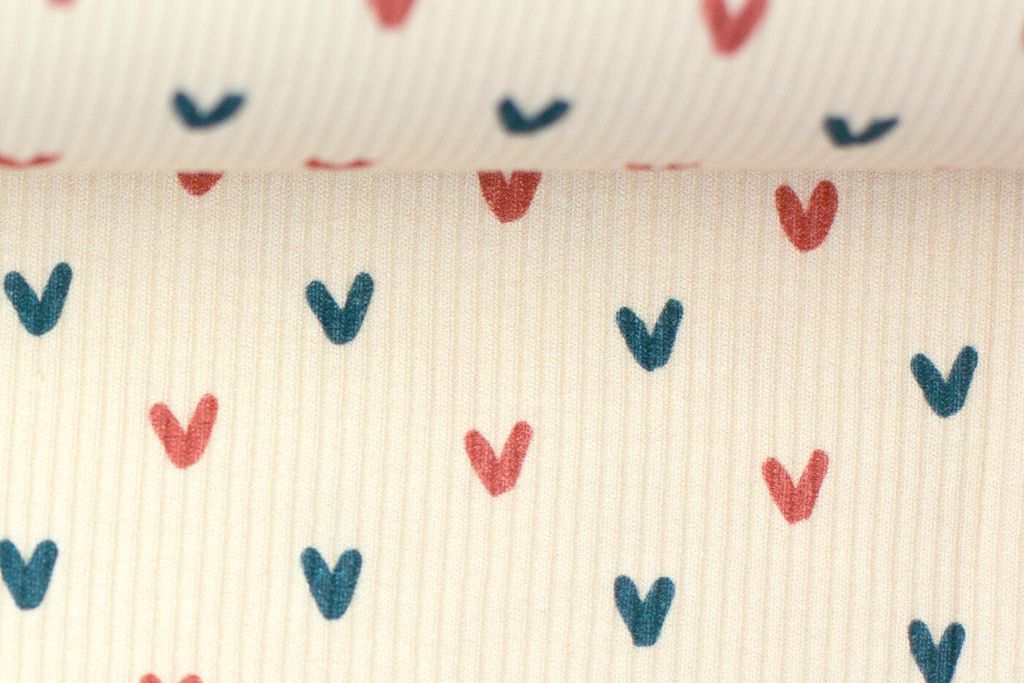 Rib Jersey, Rippjersey "Knitty" mit Herzen, naturweiß, blau, terracotta, 0,5 m