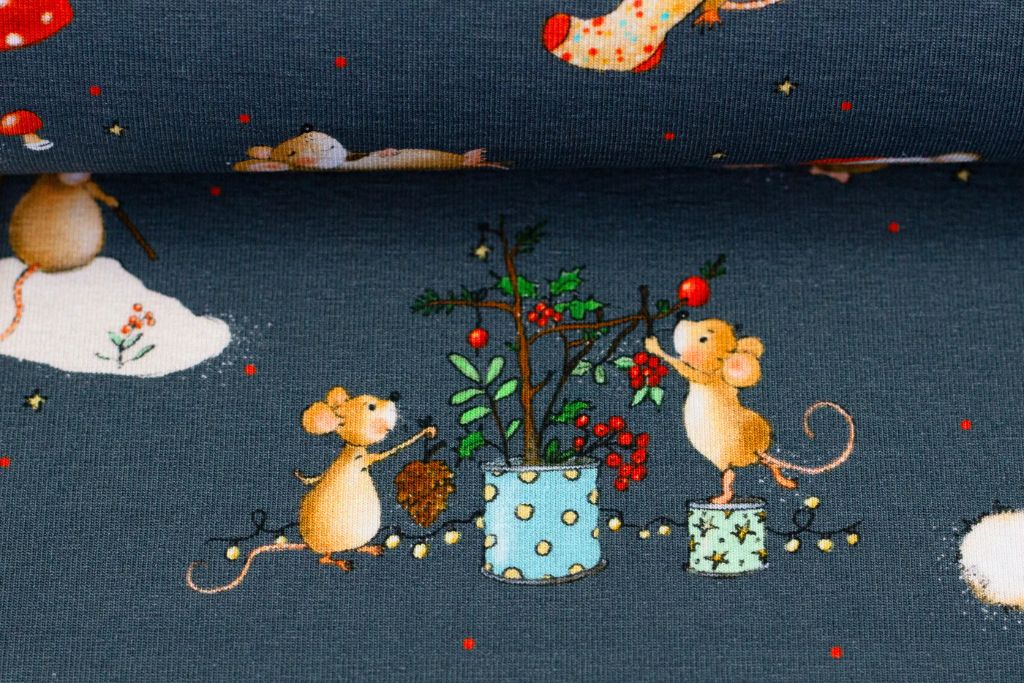Jersey mit Mäusen und Fliegenpilzen, "Lathi", Swafing, dunkelblau, 0,5 m