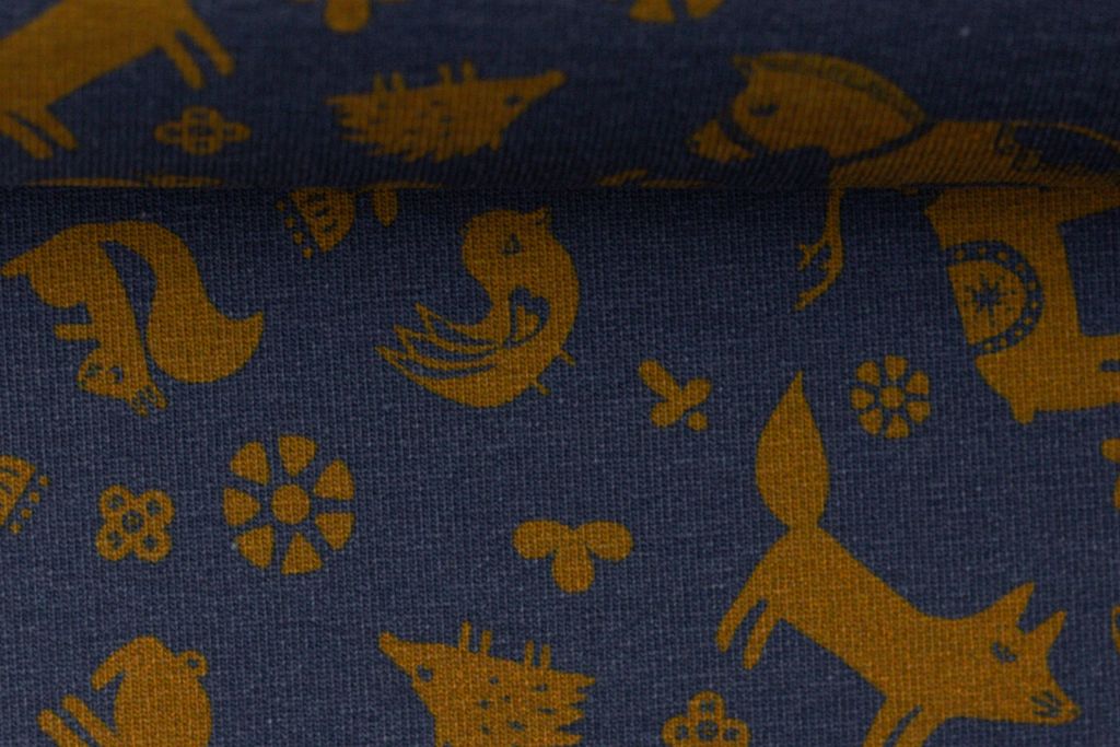 Sweat angeraut "Moozie Woozie" mit Waldtieren, Elchen, Weihnachten, jeansblau, 0,5 m