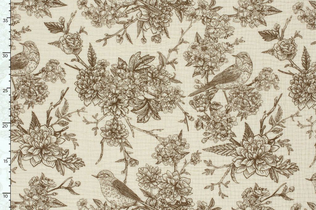 Musselin mit Blumen und Vögeln, taupe, 0,5 m