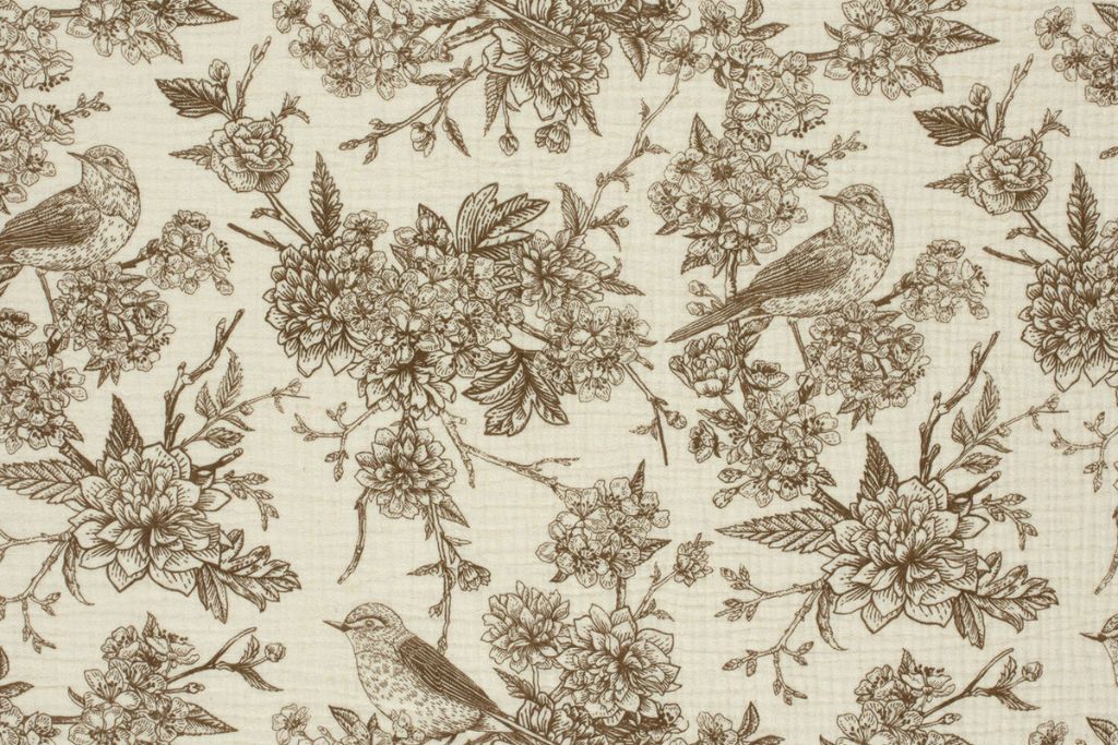 Musselin mit Blumen und Vögeln, taupe, 0,5 m