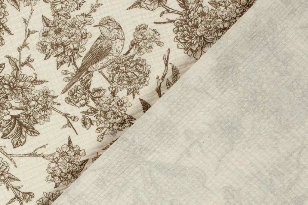 Musselin mit Blumen und Vögeln, taupe, 0,5 m