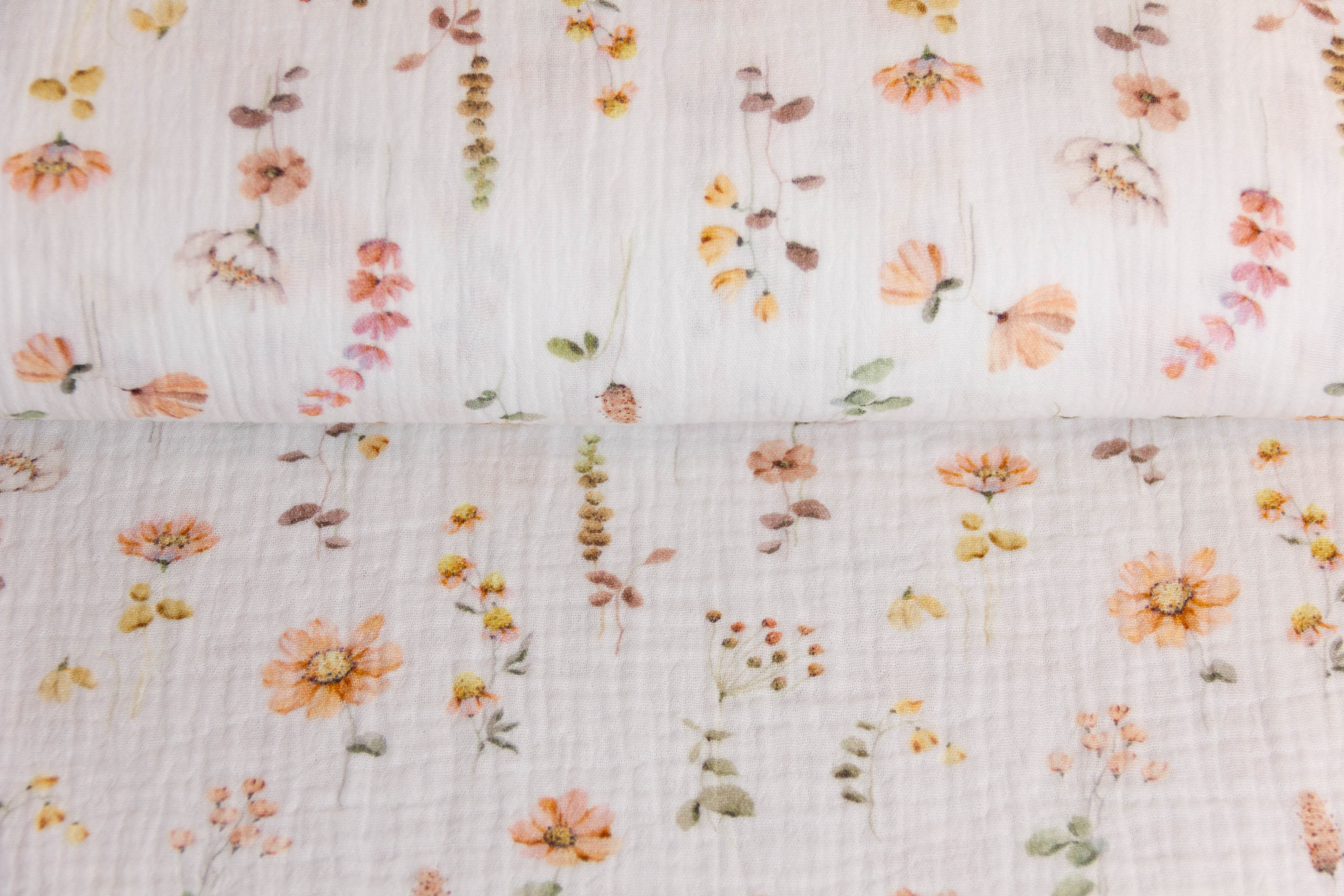 Musselin, Double Gauze, mit Blumen, wollweiß, 0,5 m