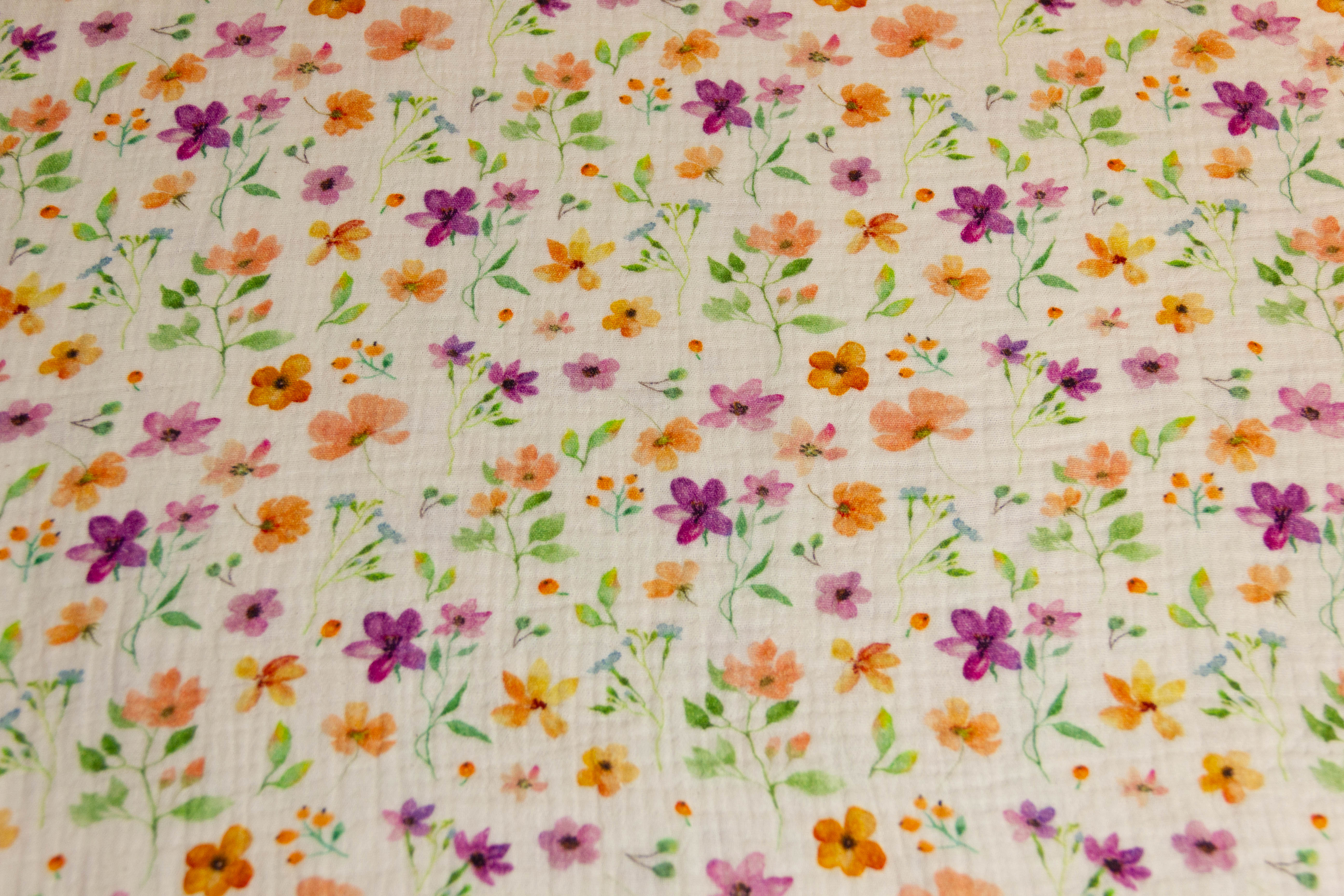 Musselin, Double Gauze, mit Sommerblumen, hellbeige, 0,5 m