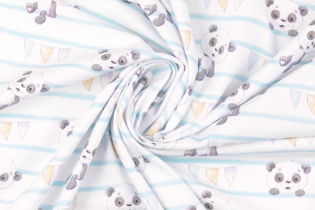 Stoffpaket Jersey + Bündchen mit Pandas, weiß, hellblau