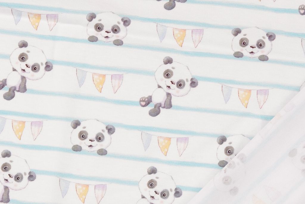 Stoffpaket Jersey + Bündchen mit Pandas, weiß, hellblau