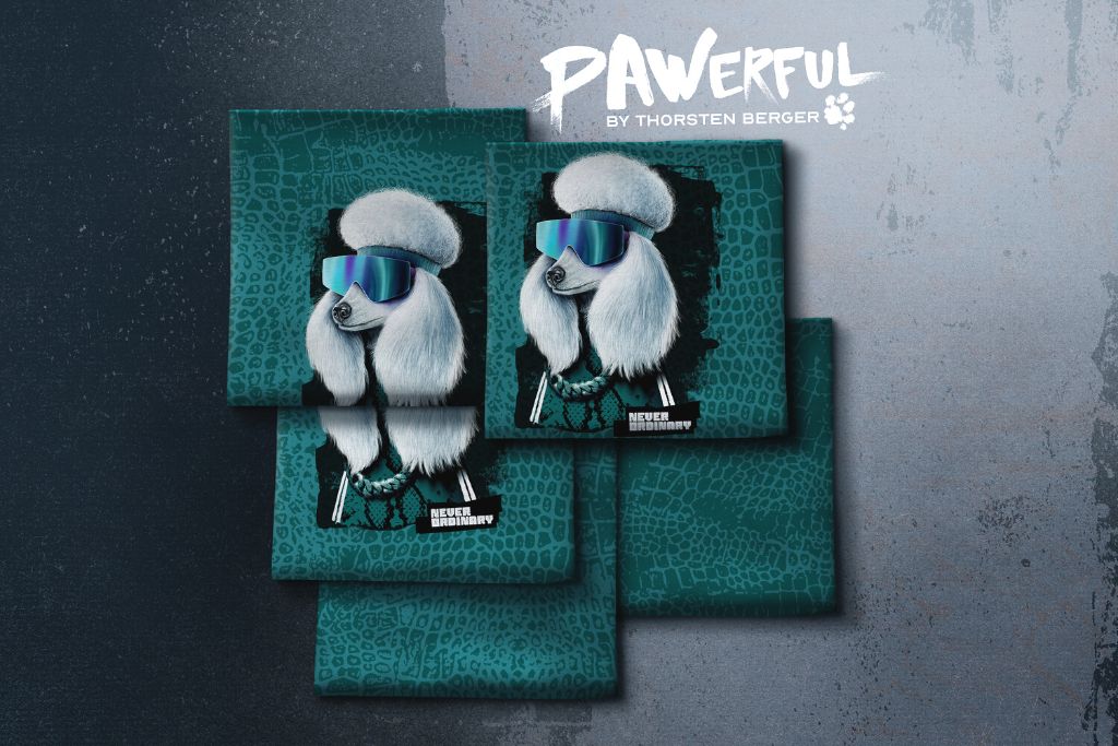 French Terry Panel "Pawerful" mit Pudel von Thorsten Berger, petrol