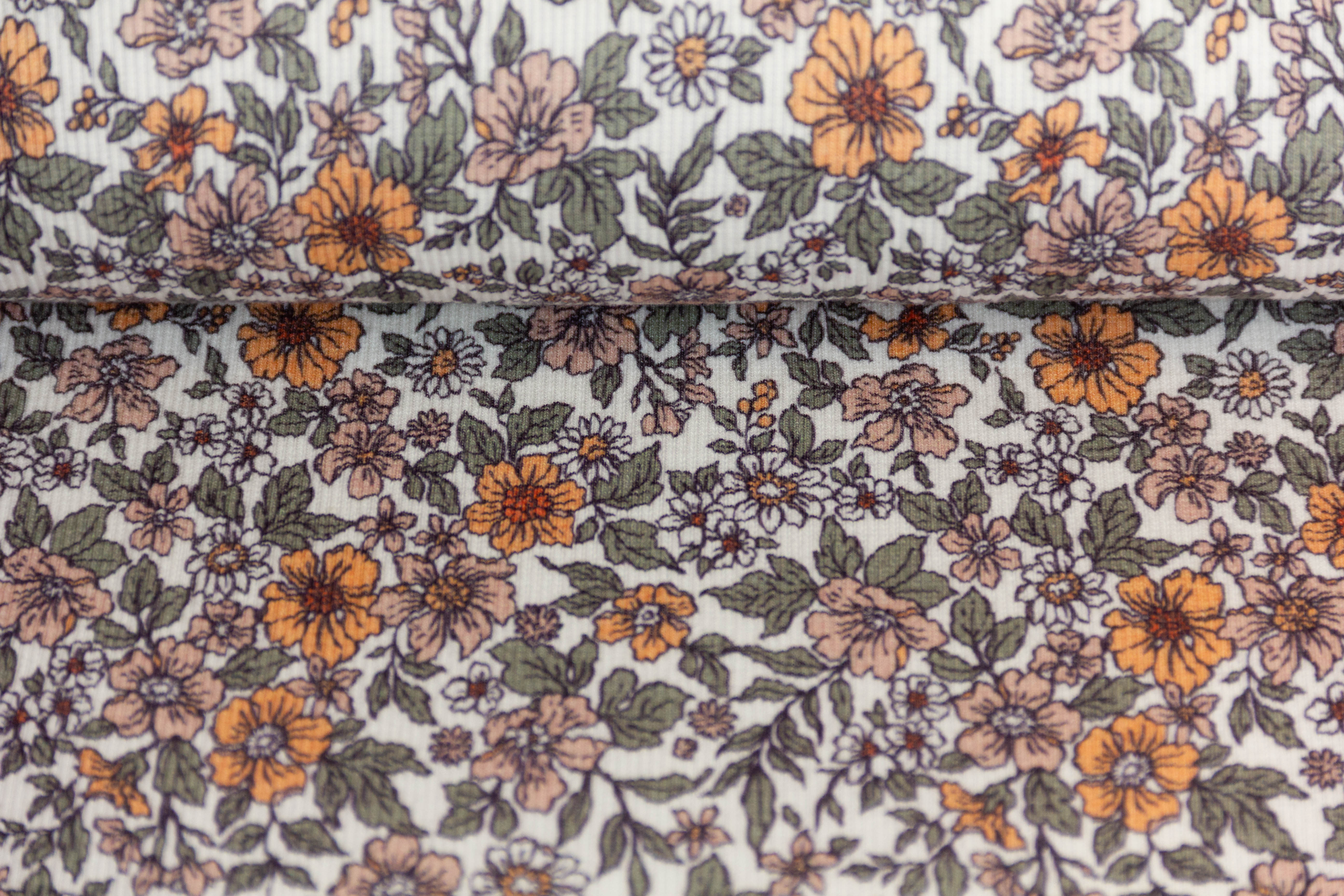 Rib Jersey, Rippenjersey mit Blumen, wollweiß, grün, 0,5 m