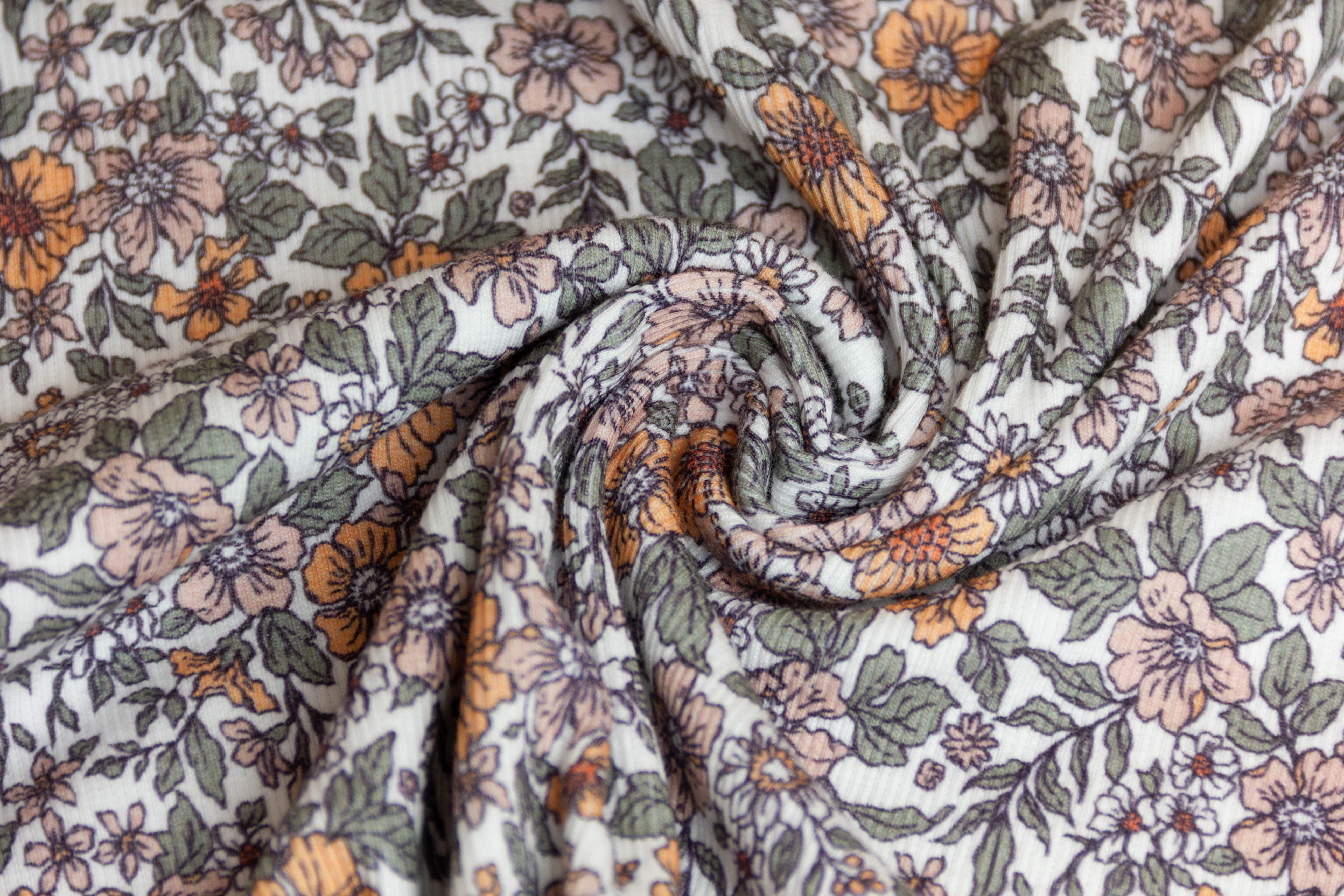 Rib Jersey, Rippenjersey mit Blumen, wollweiß, grün, 0,5 m