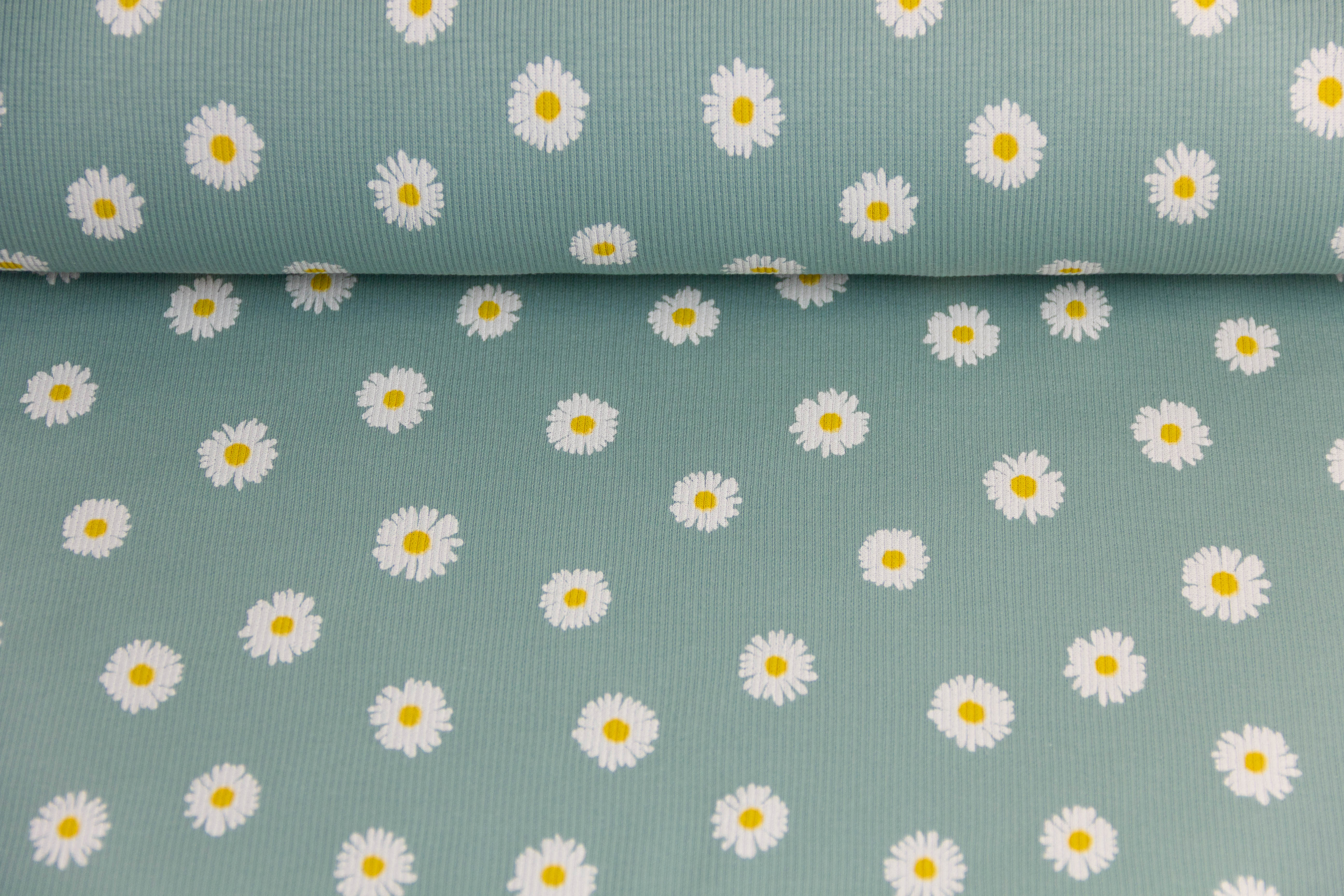 Rib Jersey, Rippenjersey mit Gänseblümchen, altmint, 0,5 m