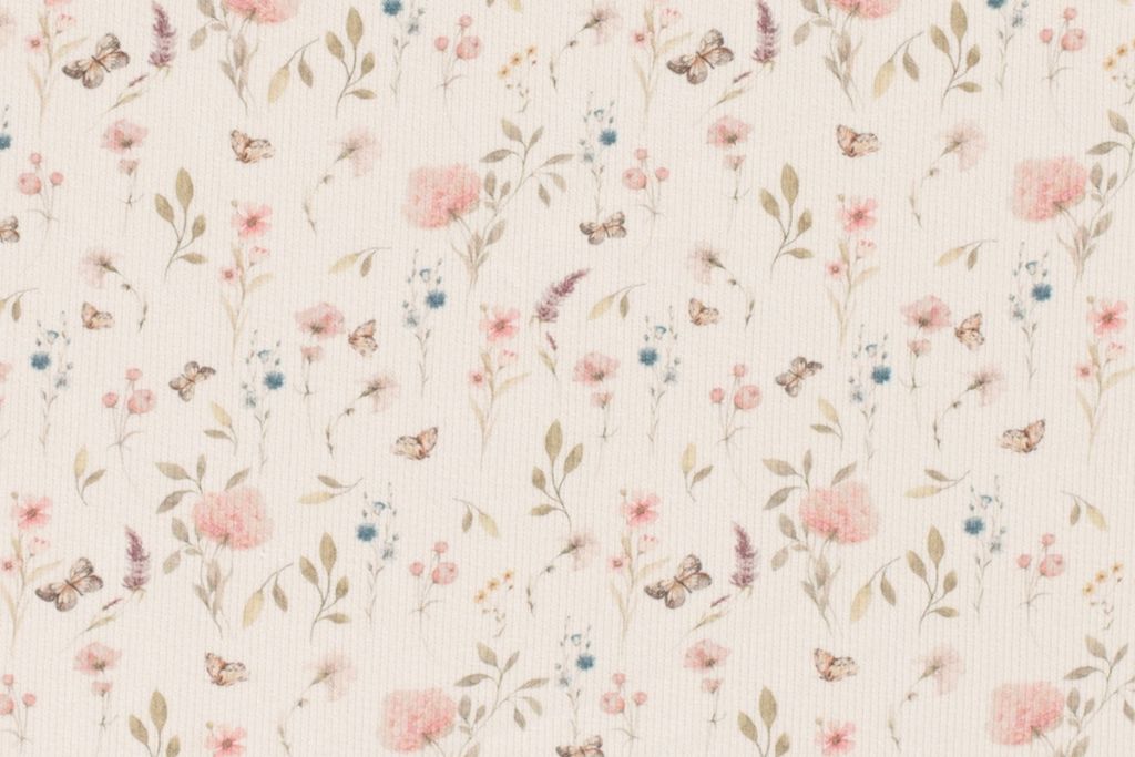 Rib Jersey, Rippenjersey mit Blumen und Schmetterlingen, wollweiß, 0,5 m