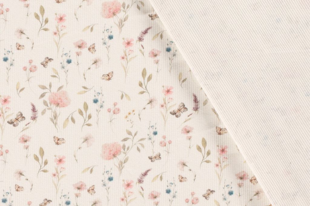 Rib Jersey, Rippenjersey mit Blumen und Schmetterlingen, wollweiß, 0,5 m