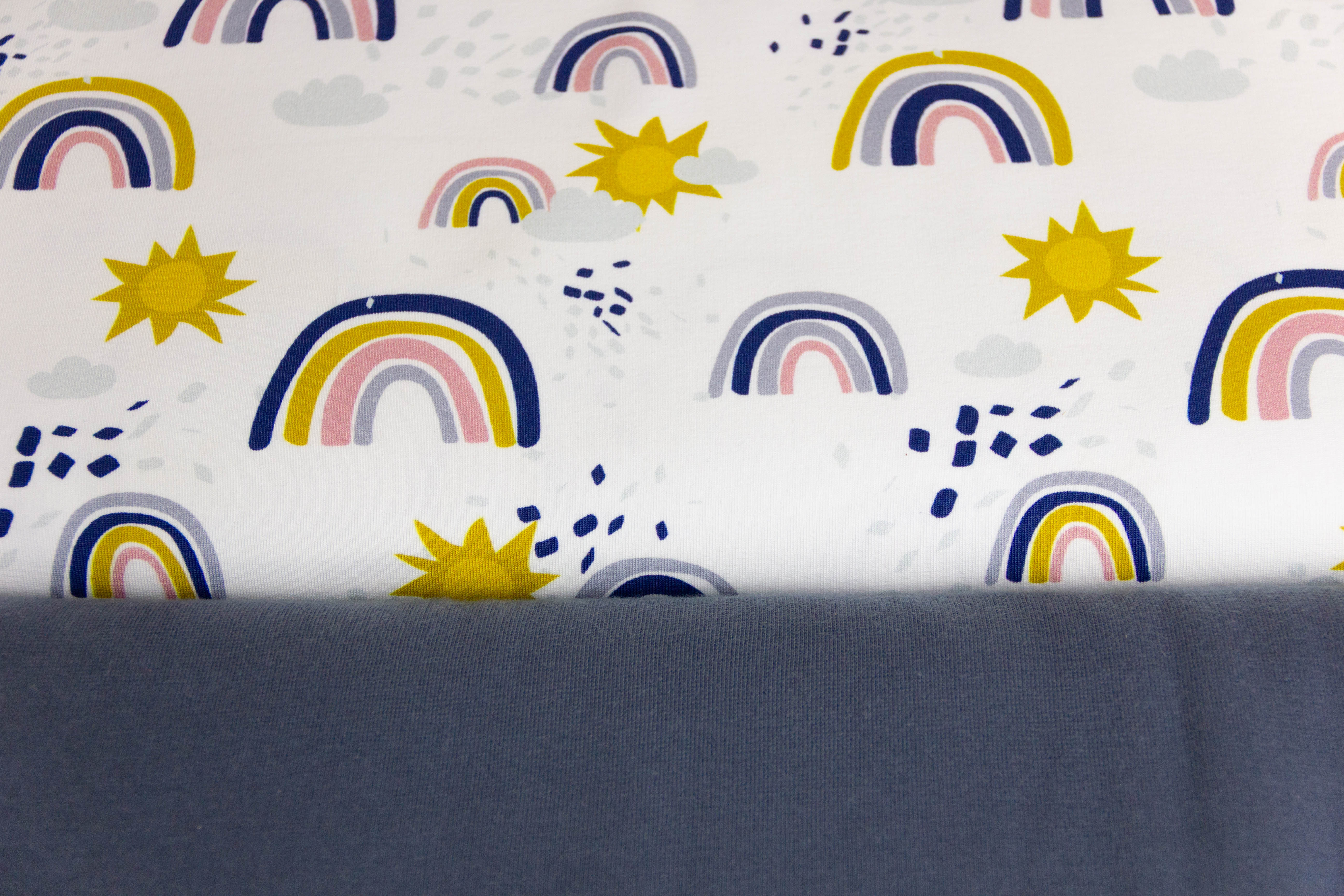 Stoffpaket French Terry + Bündchen French Terry mit Regenbogen und Sonne, Fräulein von Julie, ecru, blau