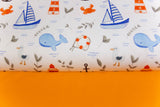 Stoffpaket French Terry + Bündchen mit Walen und Leuchttürmen, weiß, orange