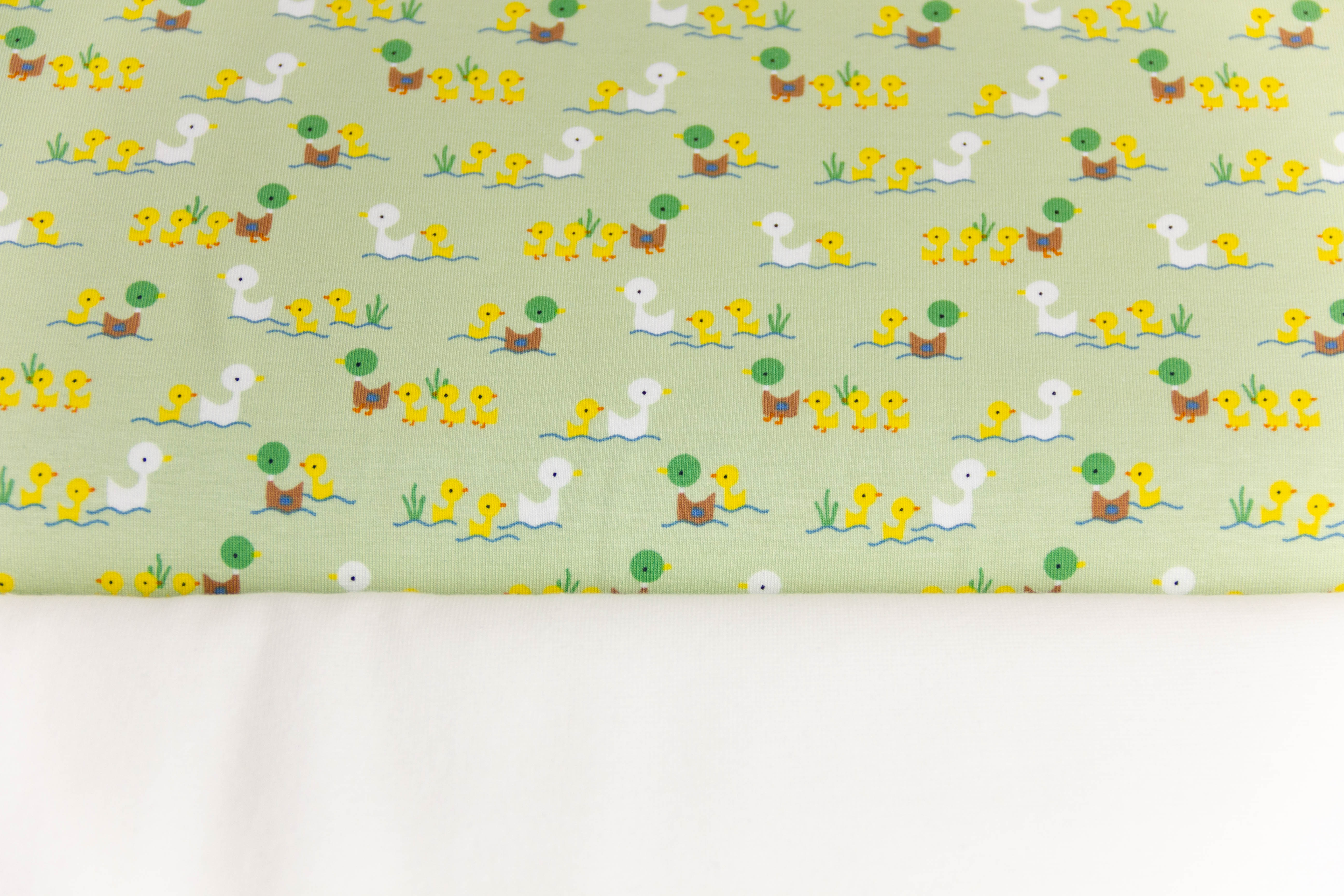 Stoffpaket Jersey + Bündchen mit Enten, Oekotex, lindgrün, weiß