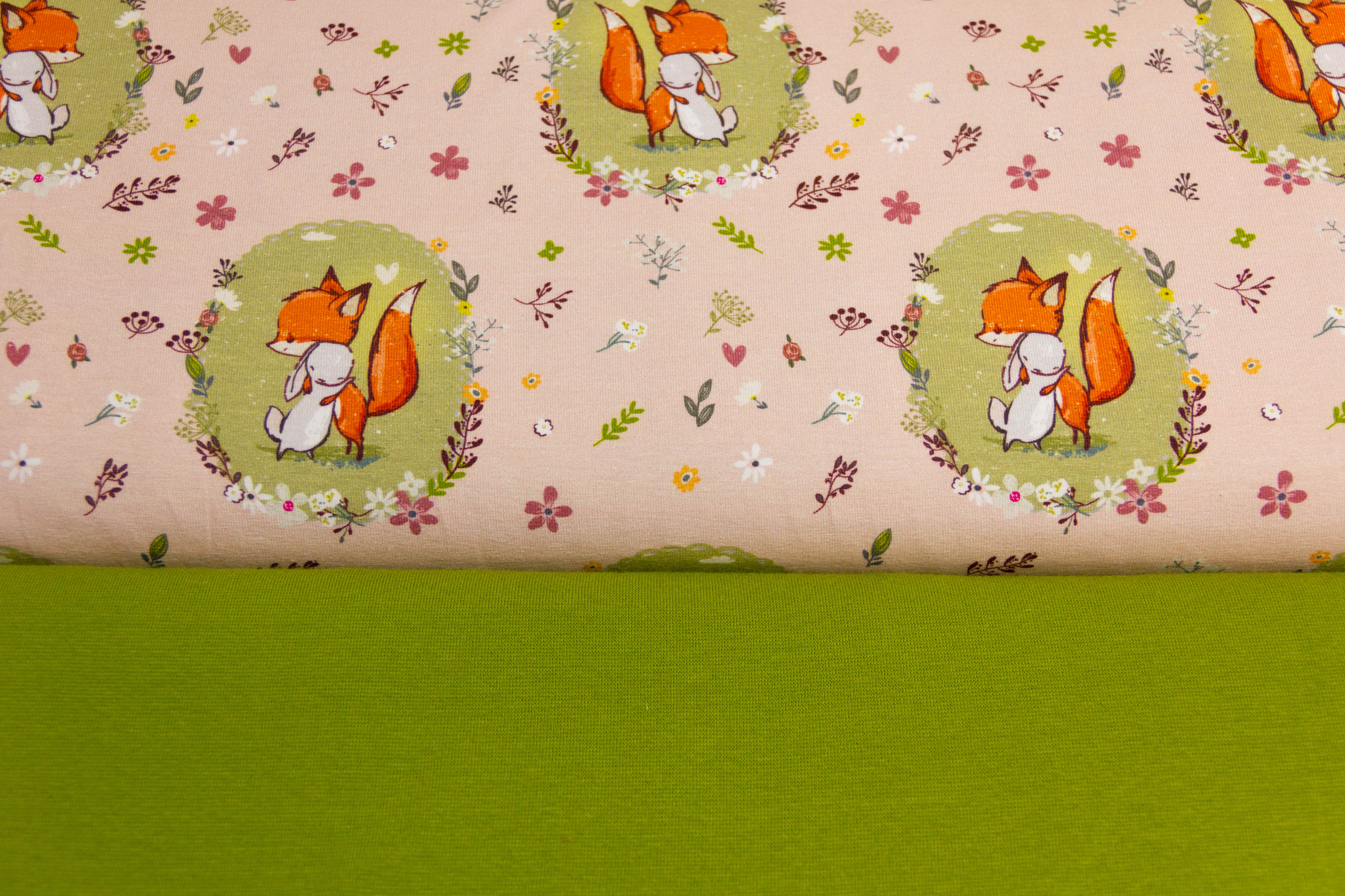Stoffpaket Jersey + Bündchen Jersey mit Fuchs und Hase, Fräulein von Julie, altrosa, khaki
