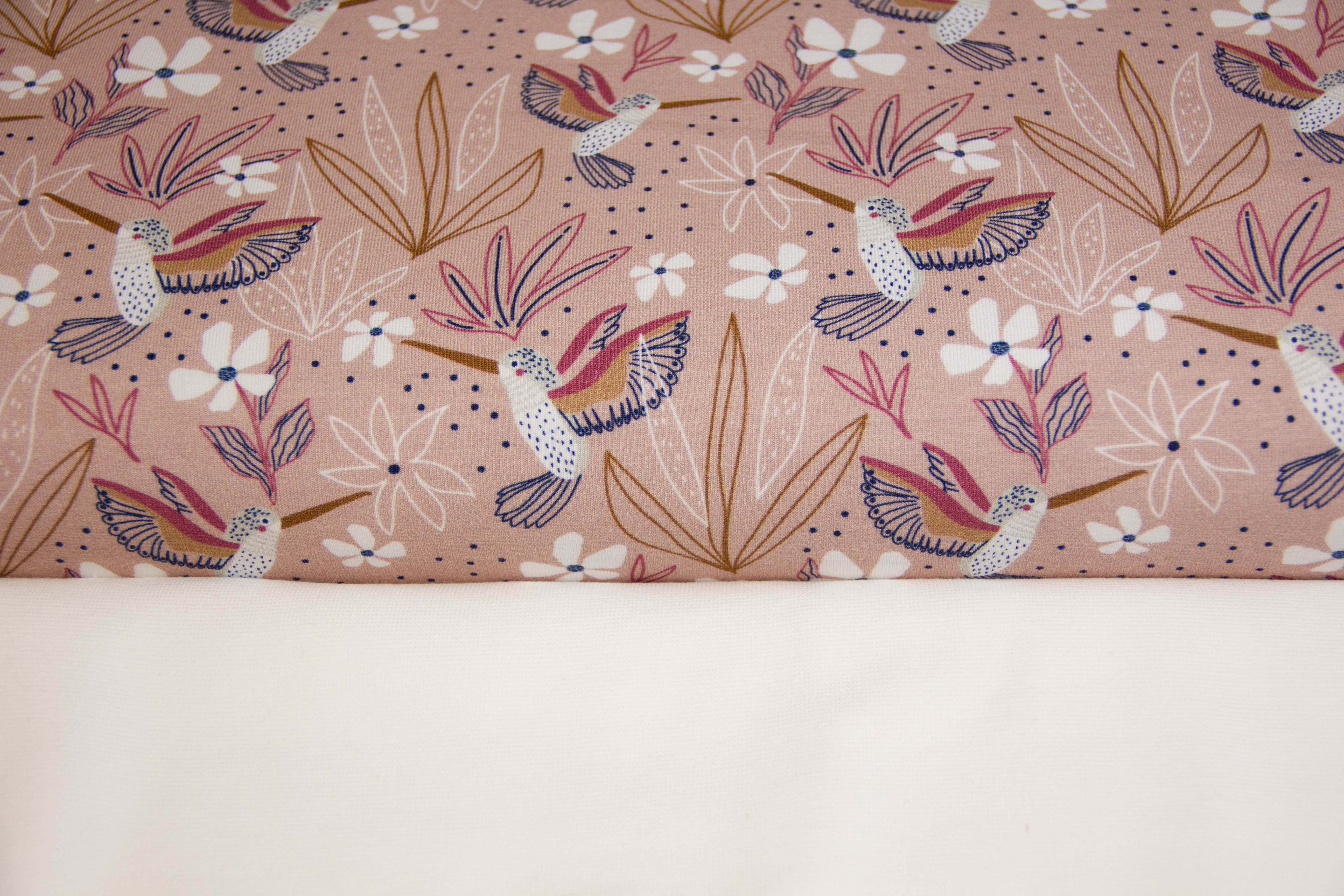 Stoffpaket Jersey + Bündchen mit Kolibris und Blumen, altrosa, weiß