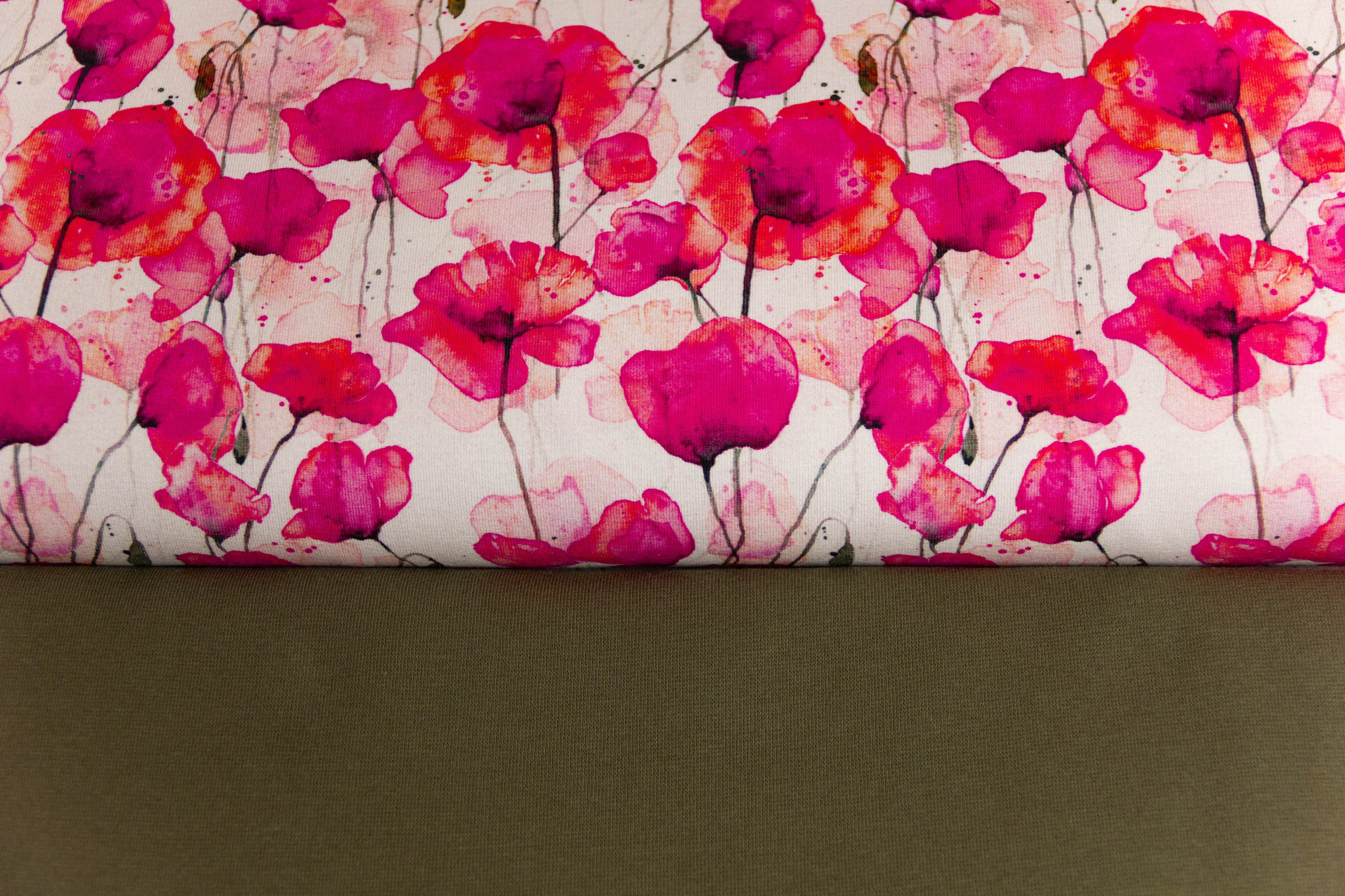 Stoffpaket Jersey + Bündchen Jersey mit Mohnblumen, Fräulein von Julie, ecru, oliv