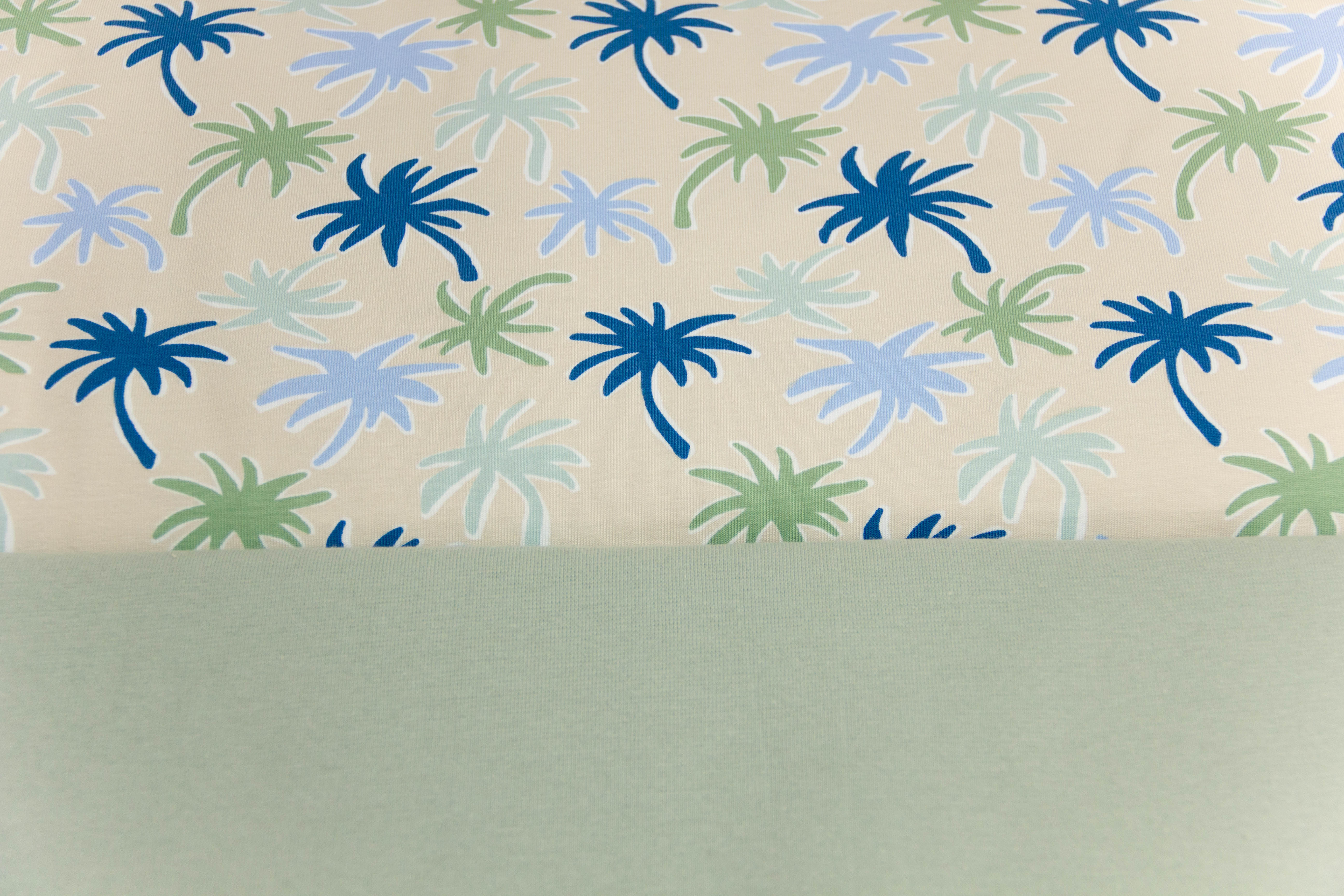 Stoffpaket Jersey + Bündchen Jersey mit Palmen, natur, altmint