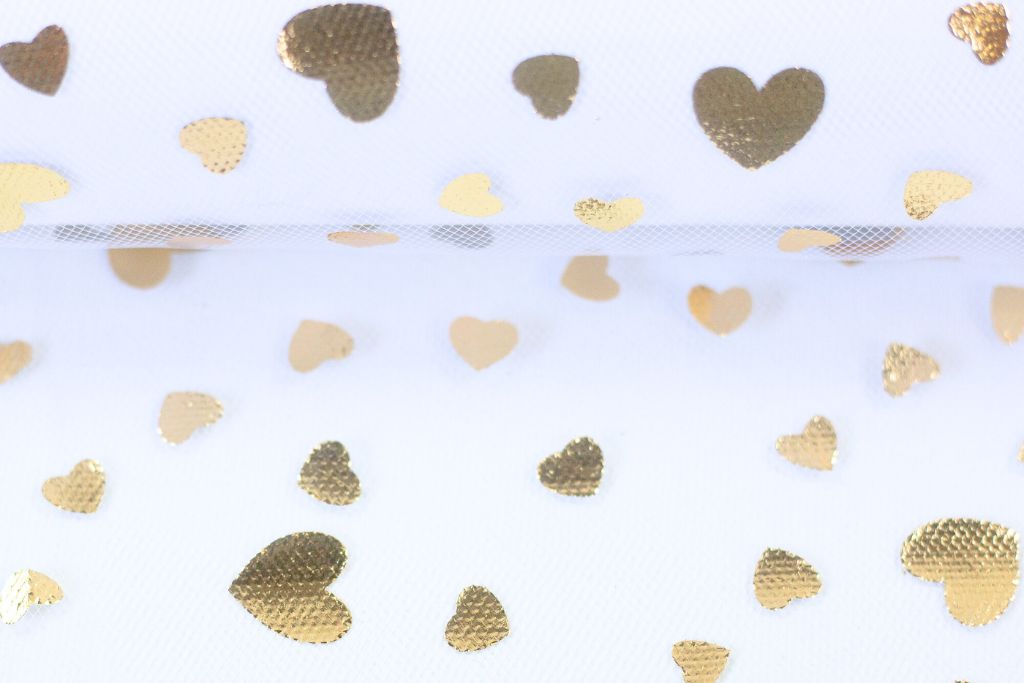 Feintüll "Twinkle" mit Herzen, weiß, gold, Foliendruck, Swafing, 0,5 m