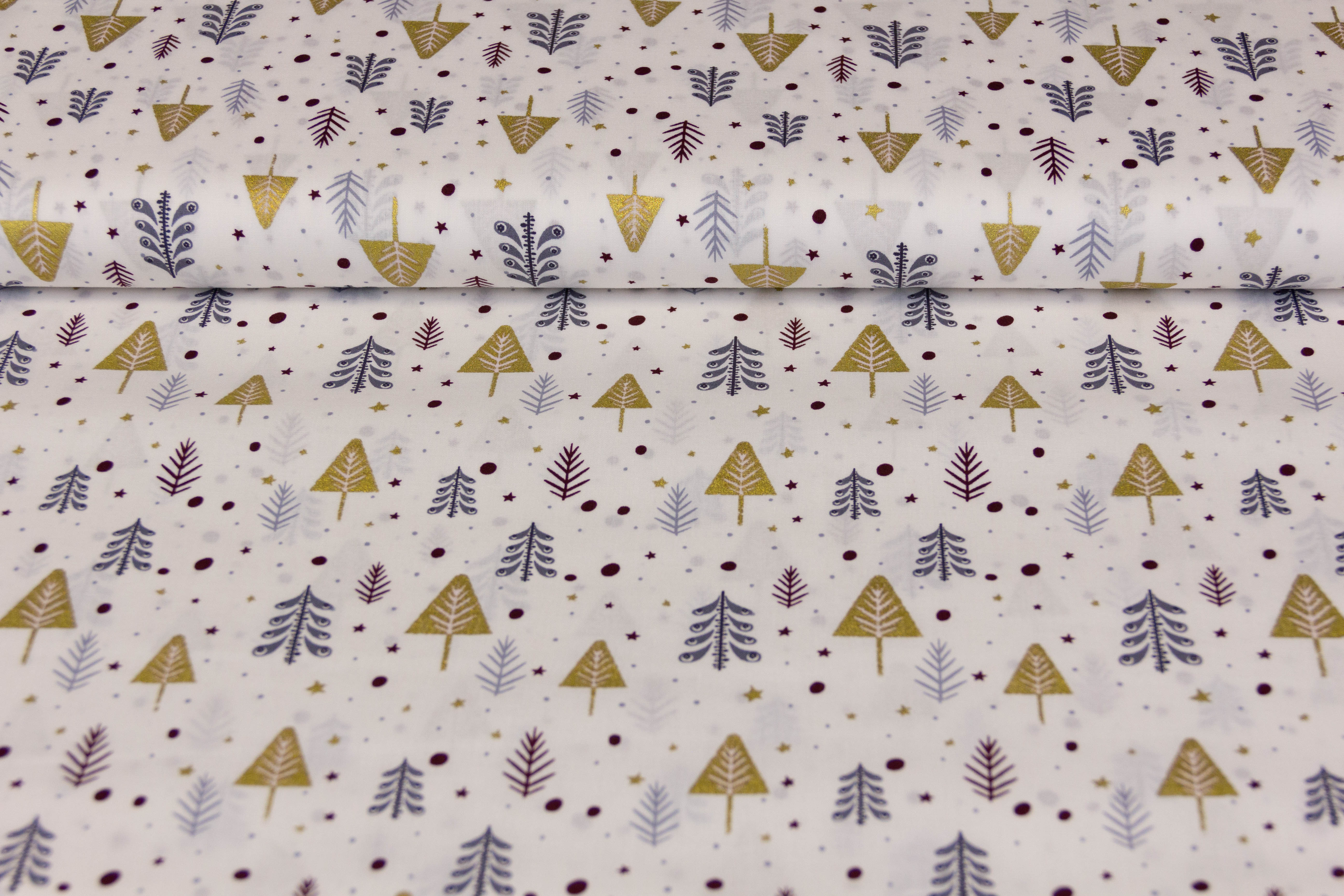 Baumwollwebware Weihnachtsbäume, weiß, gold, 0,5 m