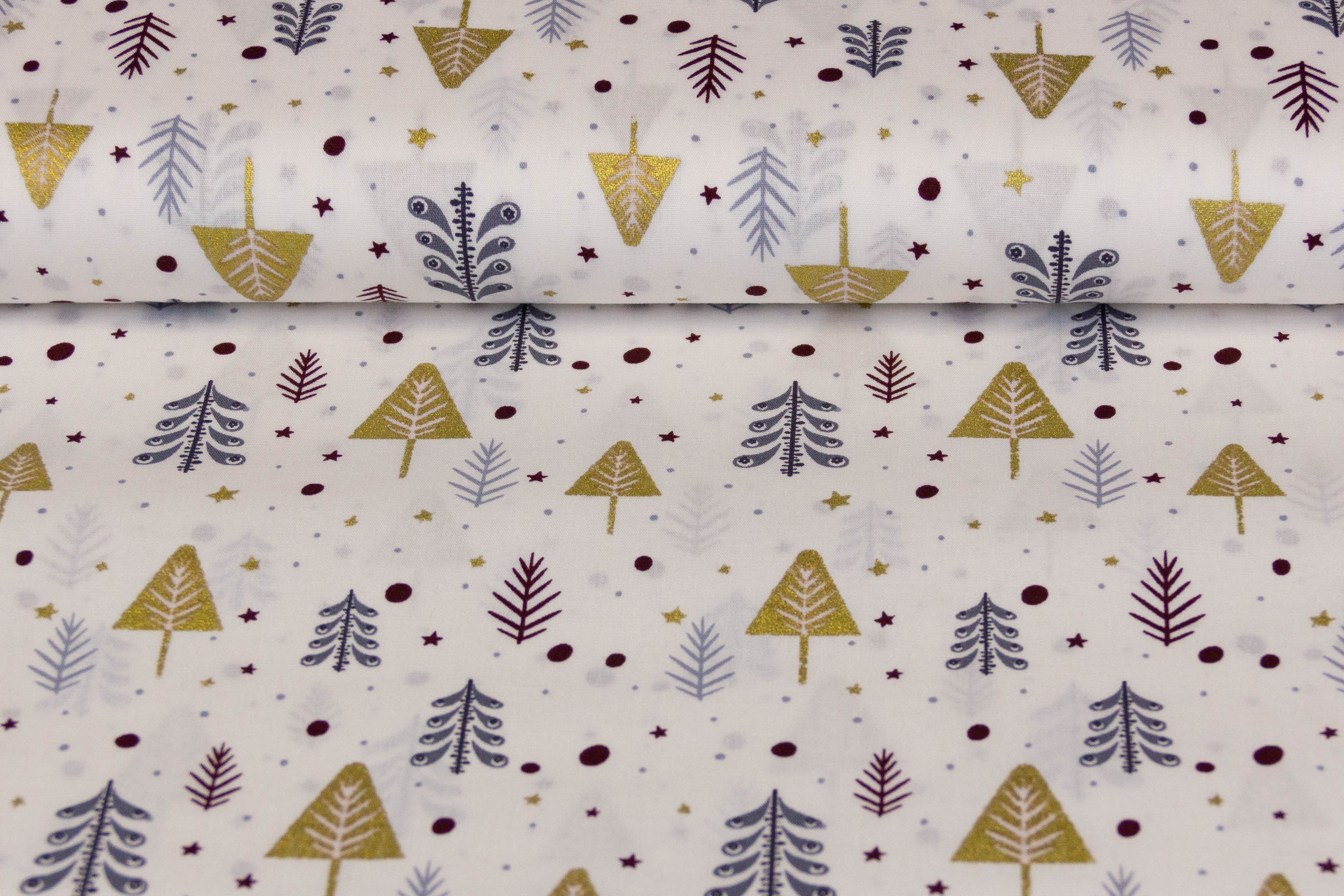 Baumwollwebware Weihnachtsbäume, weiß, gold, 0,5 m