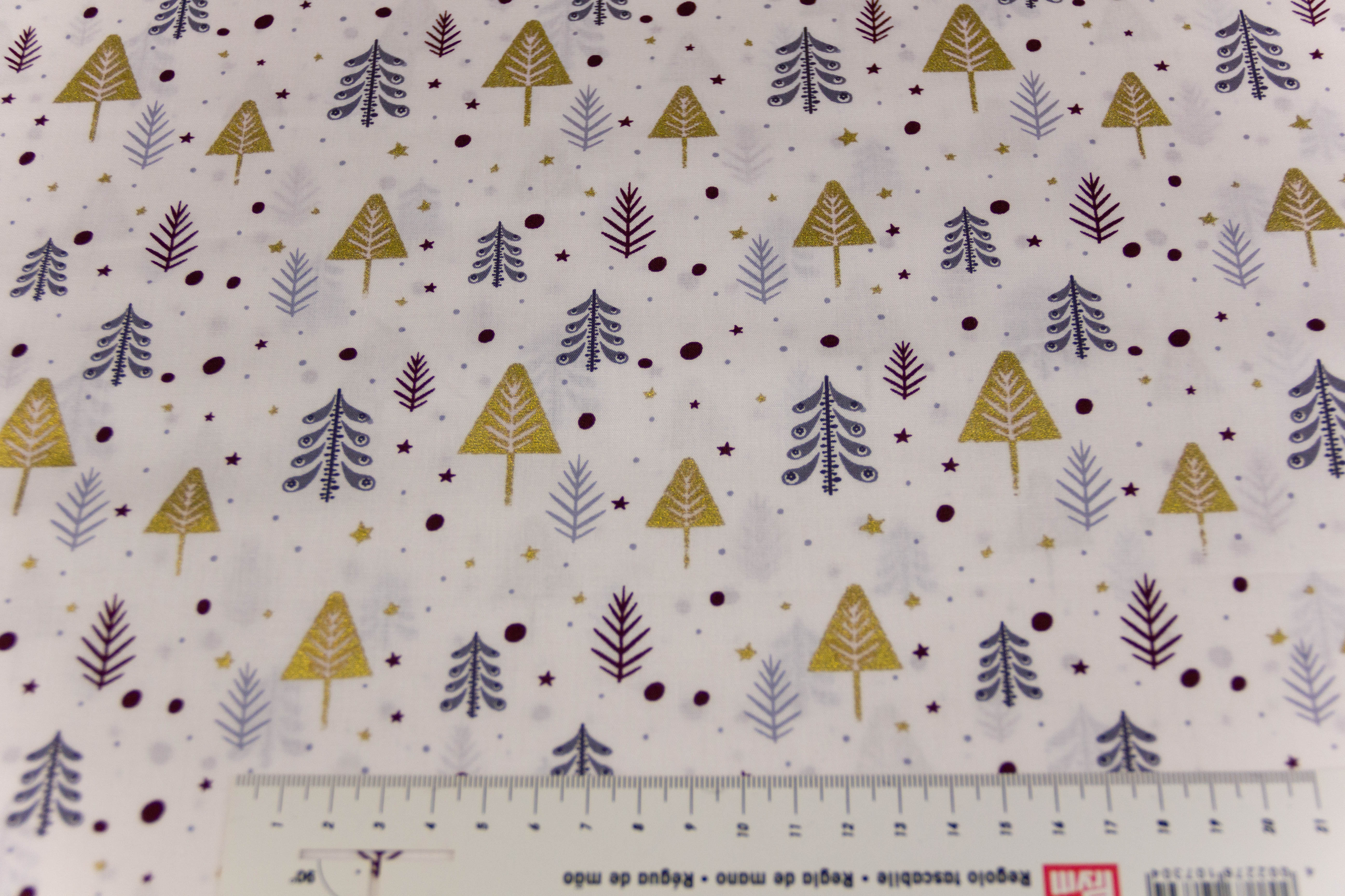 Baumwollwebware Weihnachtsbäume, weiß, gold, 0,5 m
