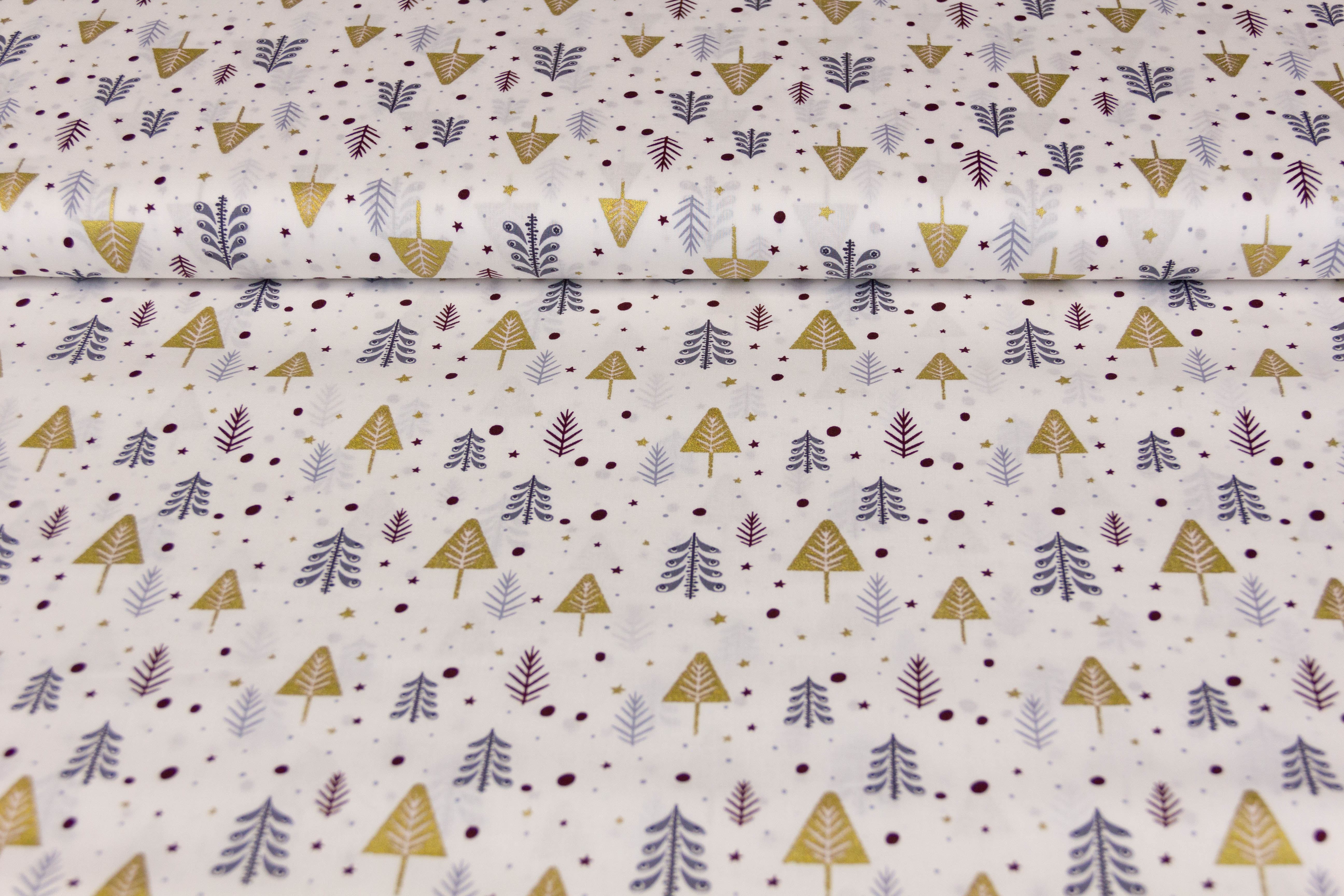 Baumwollwebware Weihnachtsbäume, weiß, gold, 0,5 m