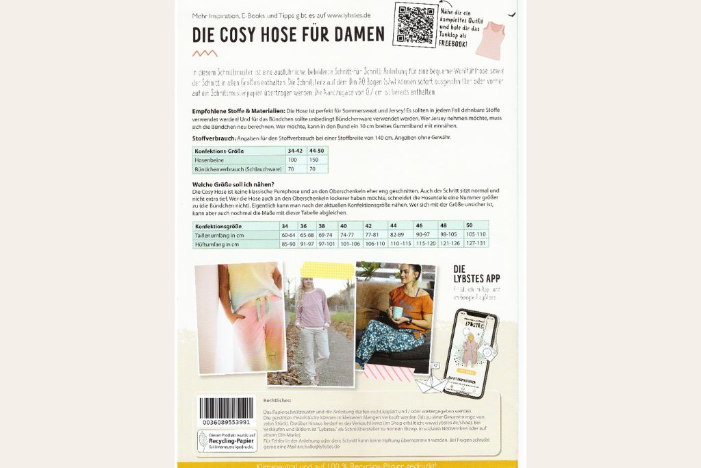 Papierschnittmuster "Cosy Hose Damen" von Lybstes (Gr. 34-50)