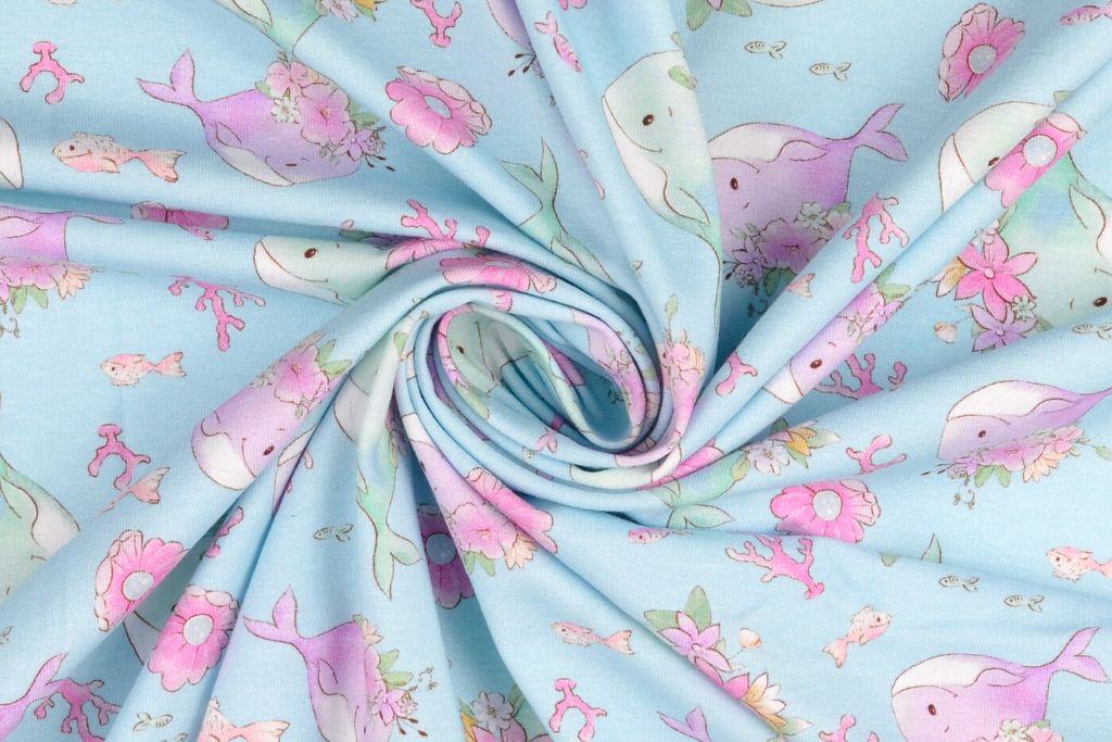 Jersey mit Walen und Blumen, hellblau, 0,5 m