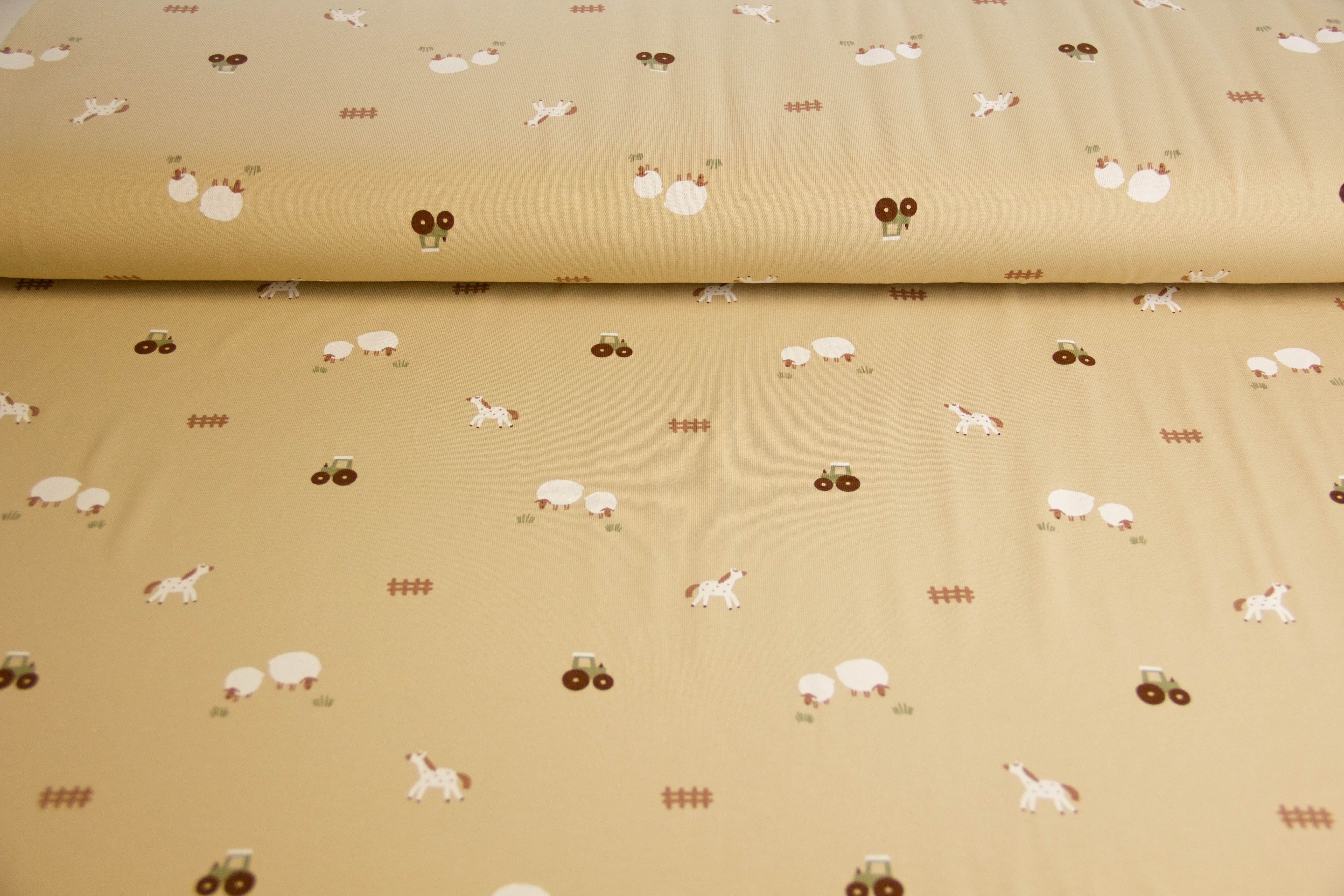Restmenge 95 cm Jersey Bauernhof, beige, braun