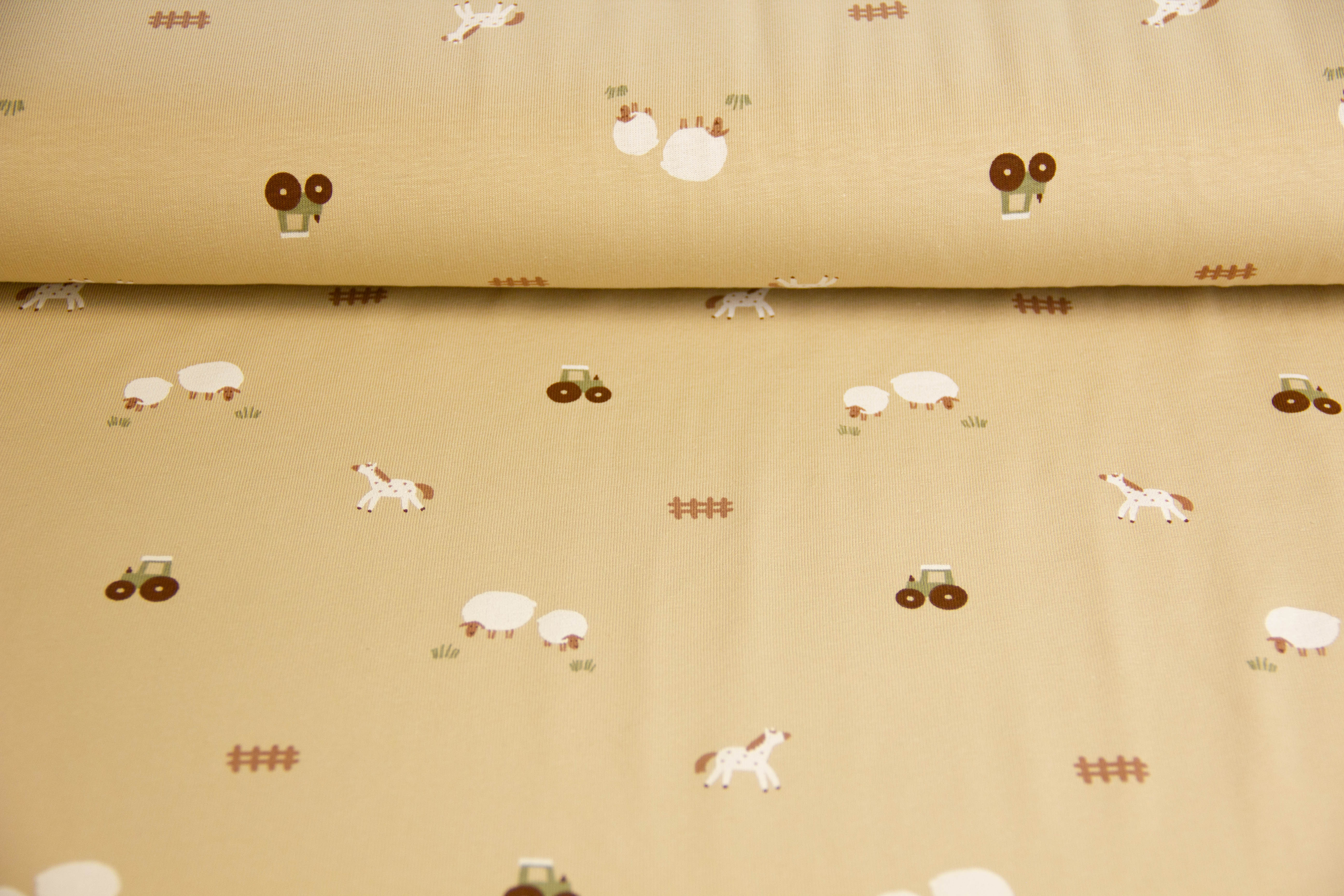 Restmenge 95 cm Jersey Bauernhof, beige, braun
