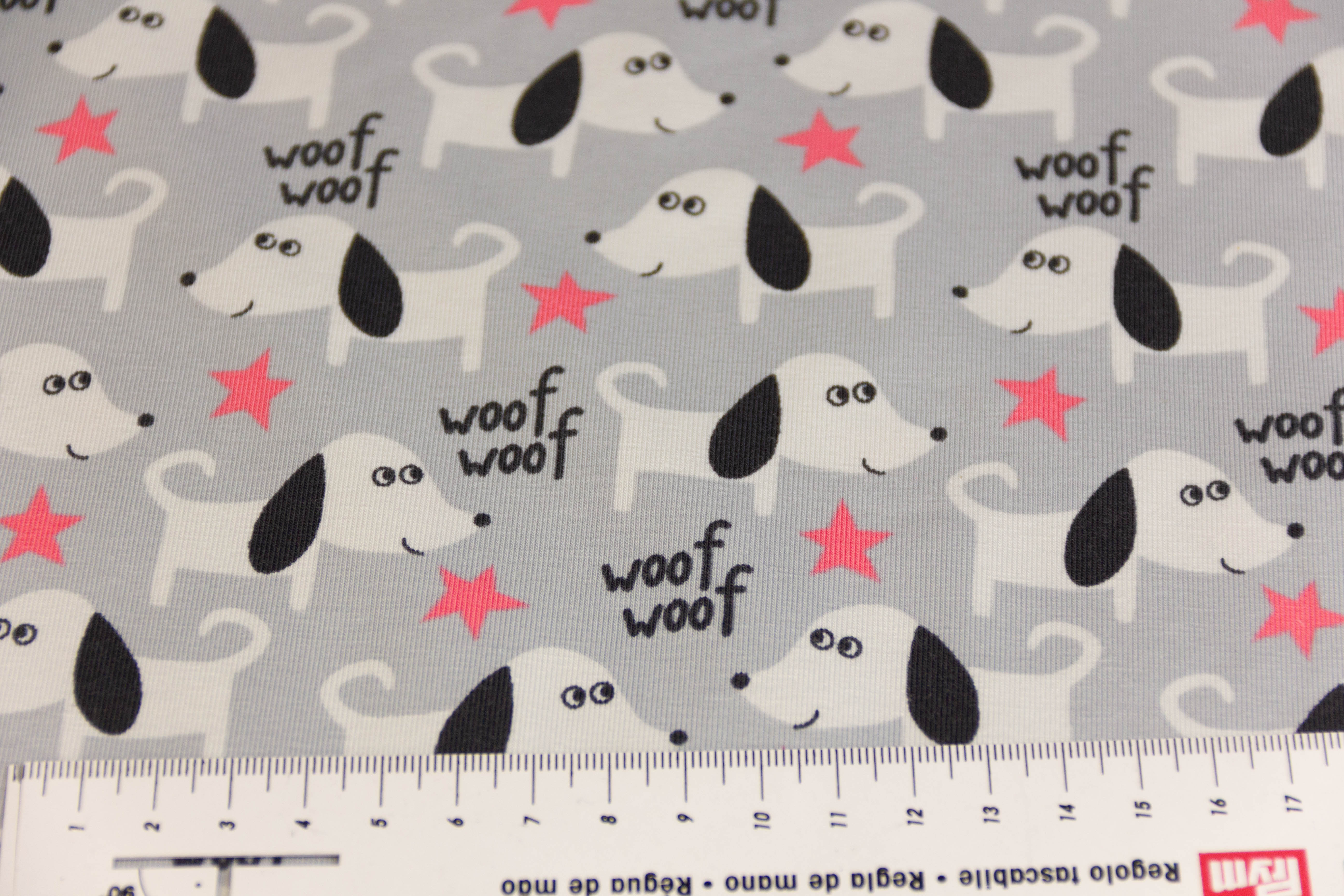 Stoffpaket Jersey + Bündchen mit Hunden, grau, schwarz
