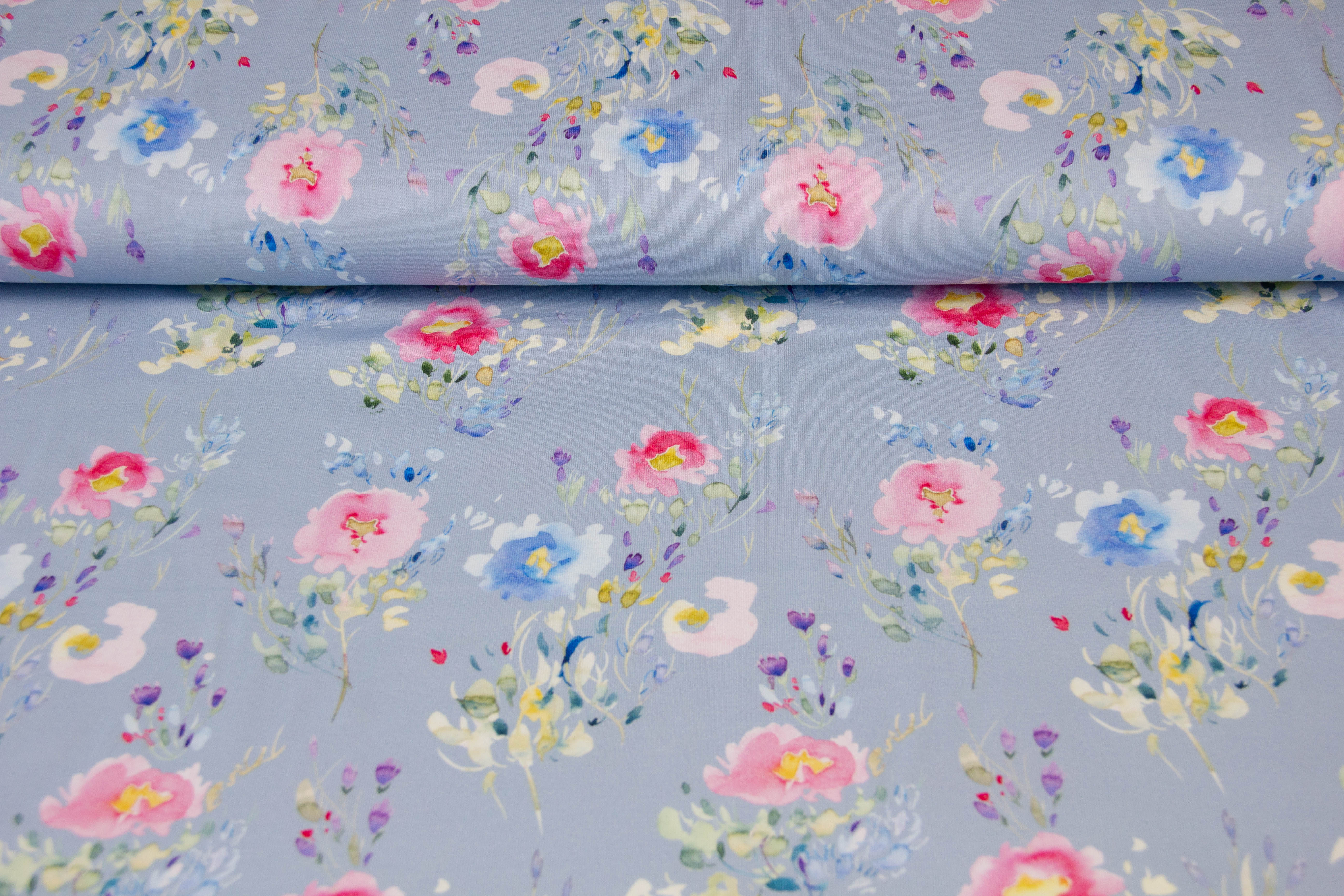 Jersey Aquarell mit Blumen, blau, 0,5 m