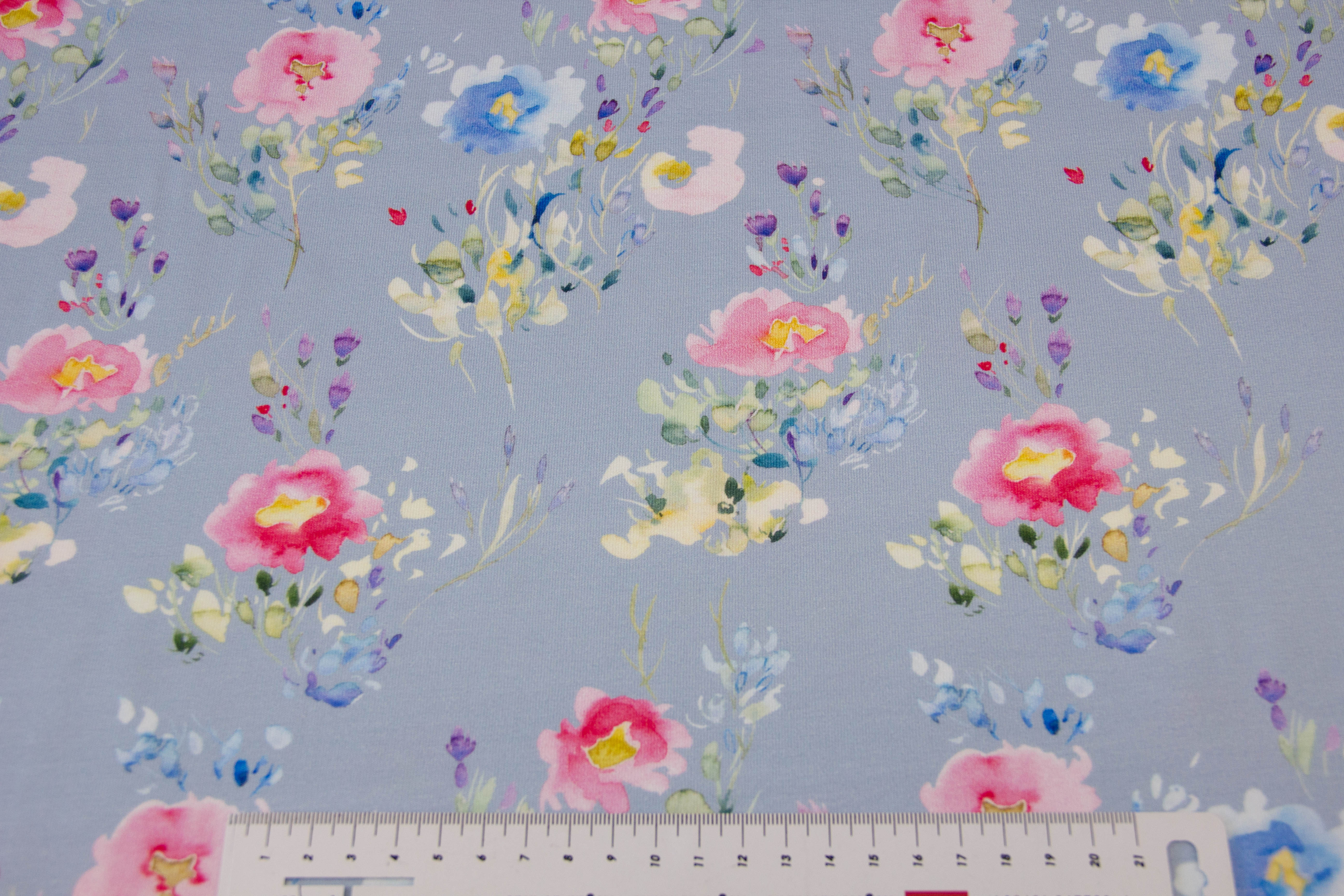 Jersey Aquarell mit Blumen, blau, 0,5 m