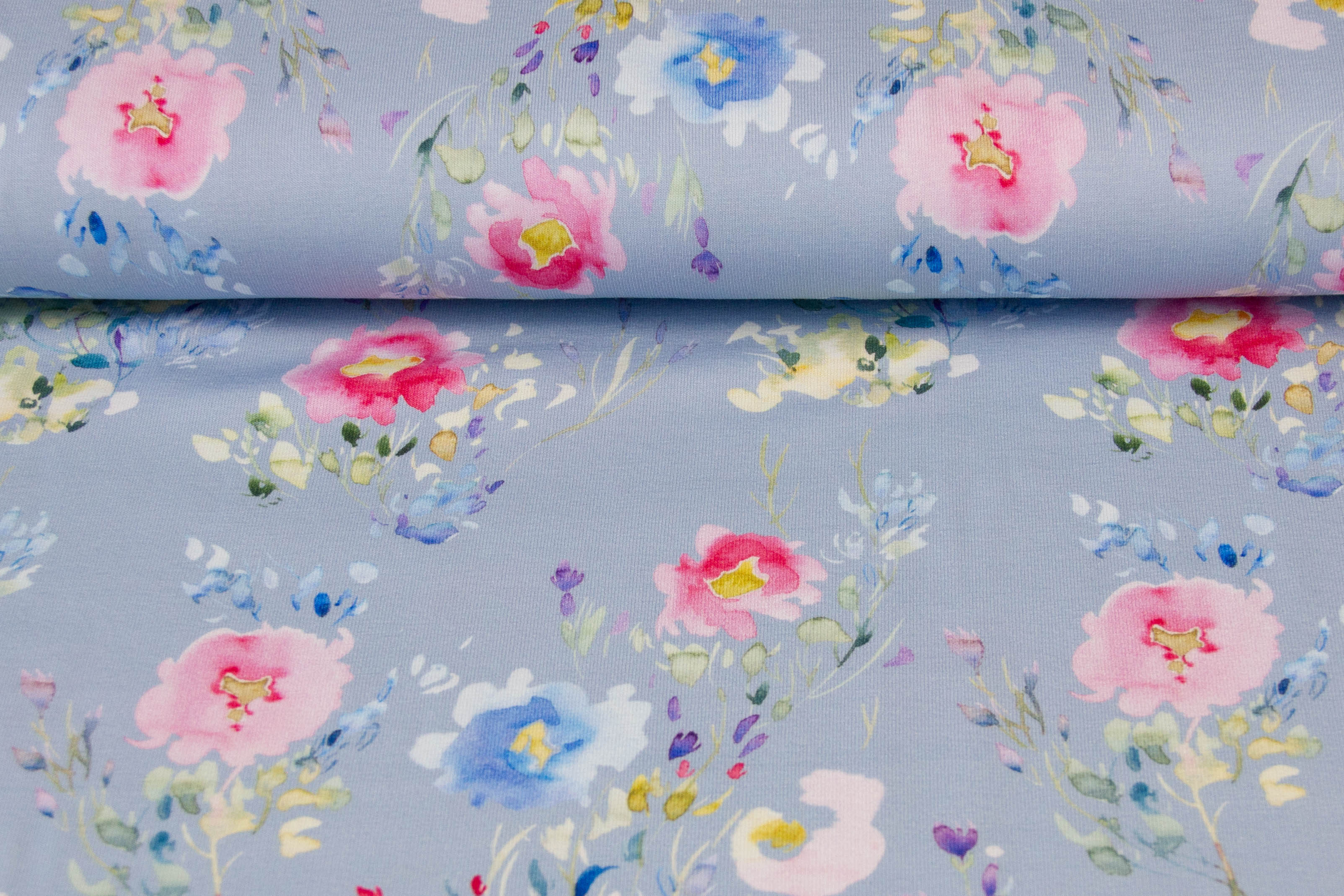 Jersey Aquarell mit Blumen, blau, 0,5 m