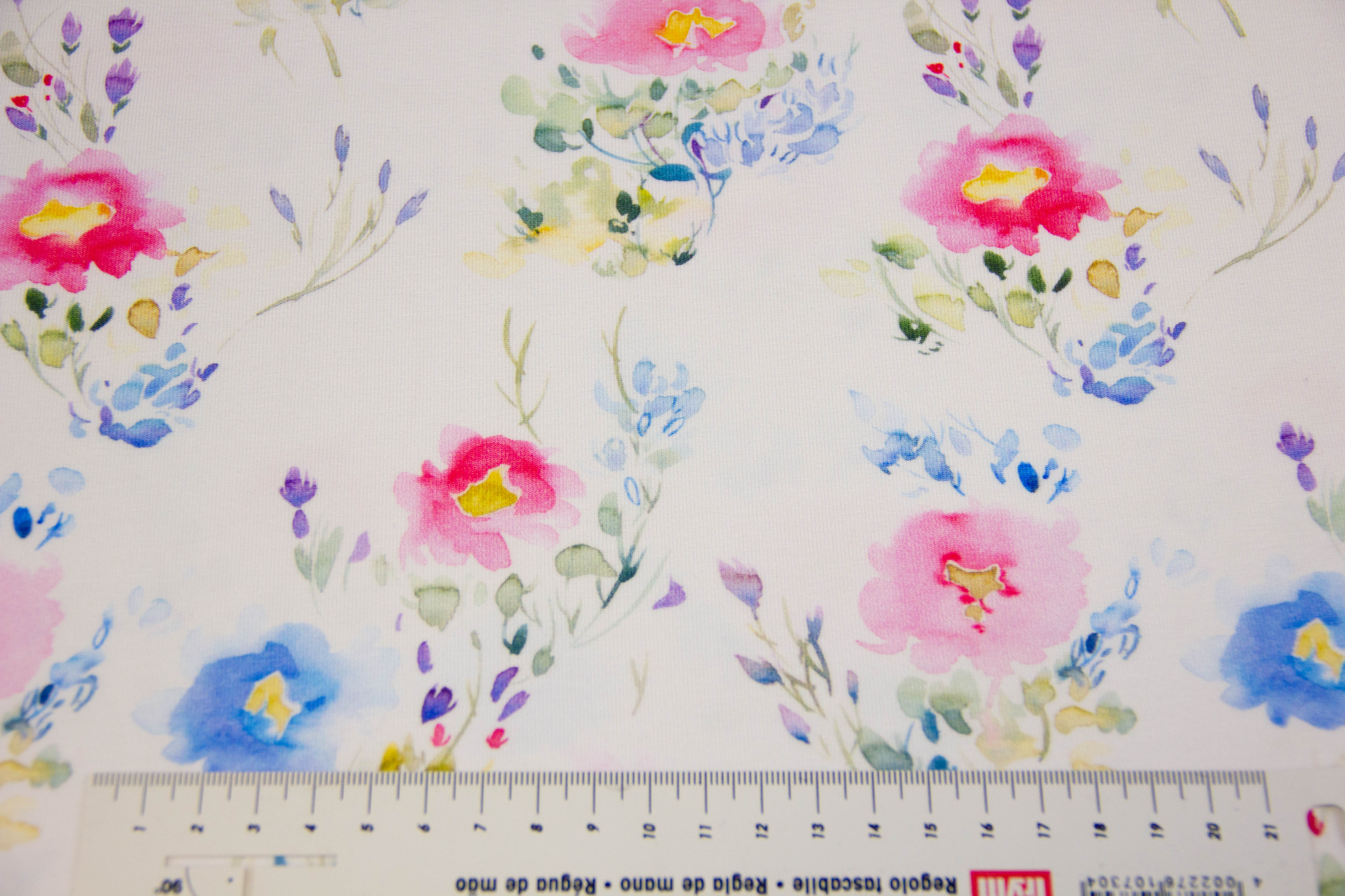 Stoffpaket Jersey + Bündchen mit Aquarell Blumen, pink