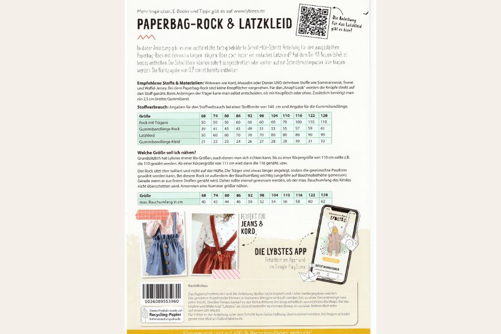 Papierschnittmuster "Paperbag-Rock und Latzkleid" von Lybstes (Gr. 68-128)