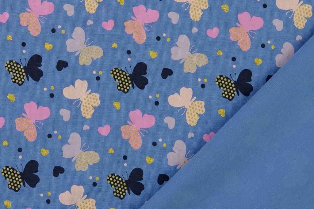 B-Ware 95 cm Jersey mit Schmetterlingen und Glitzer, blau
