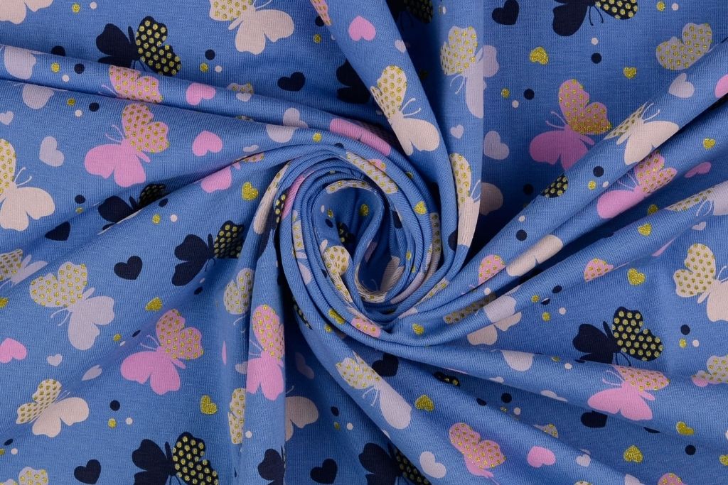 B-Ware 95 cm Jersey mit Schmetterlingen und Glitzer, blau
