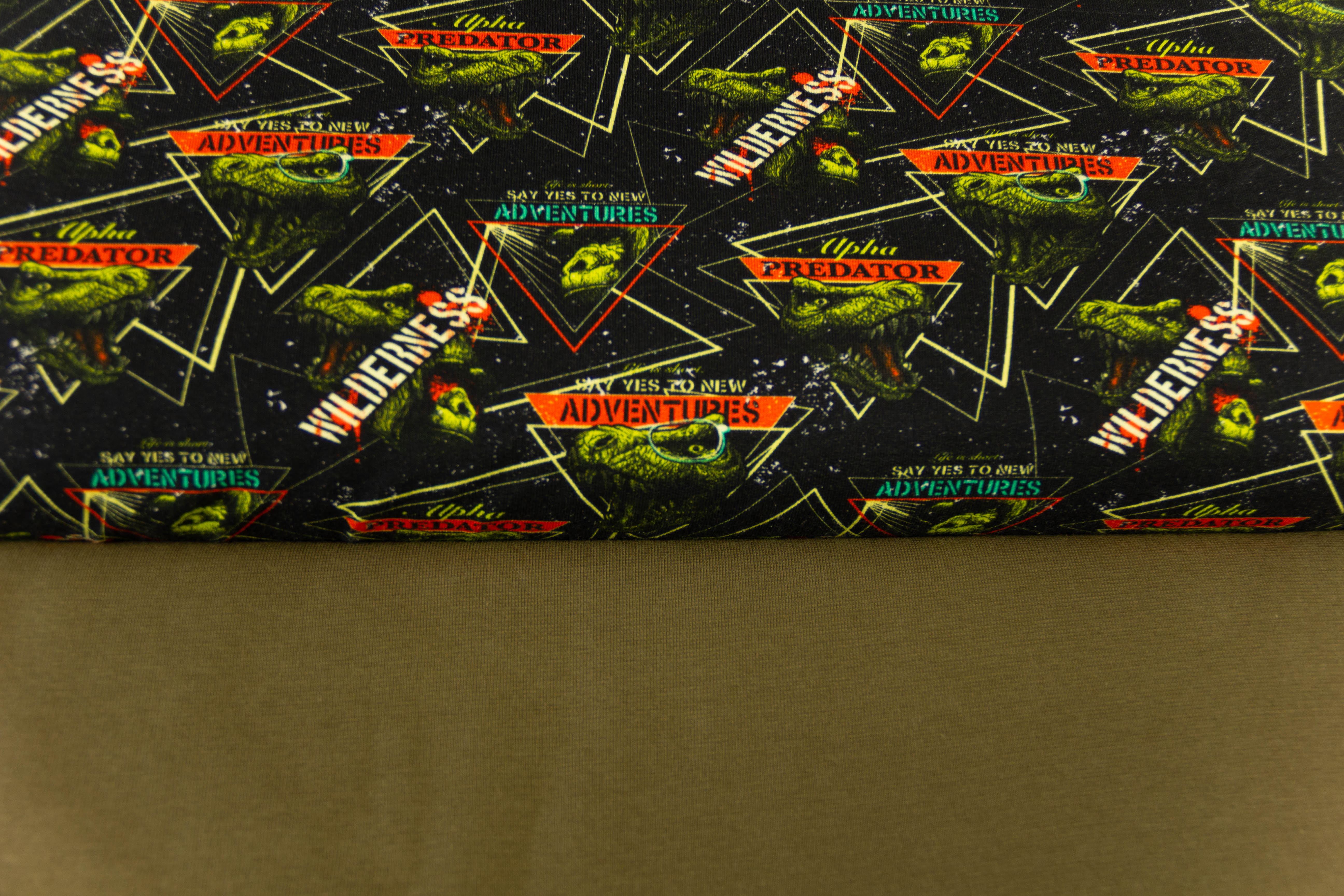 Stoffpaket French Terry + Bündchen, Jurassic King, Dinosaurier, oliv