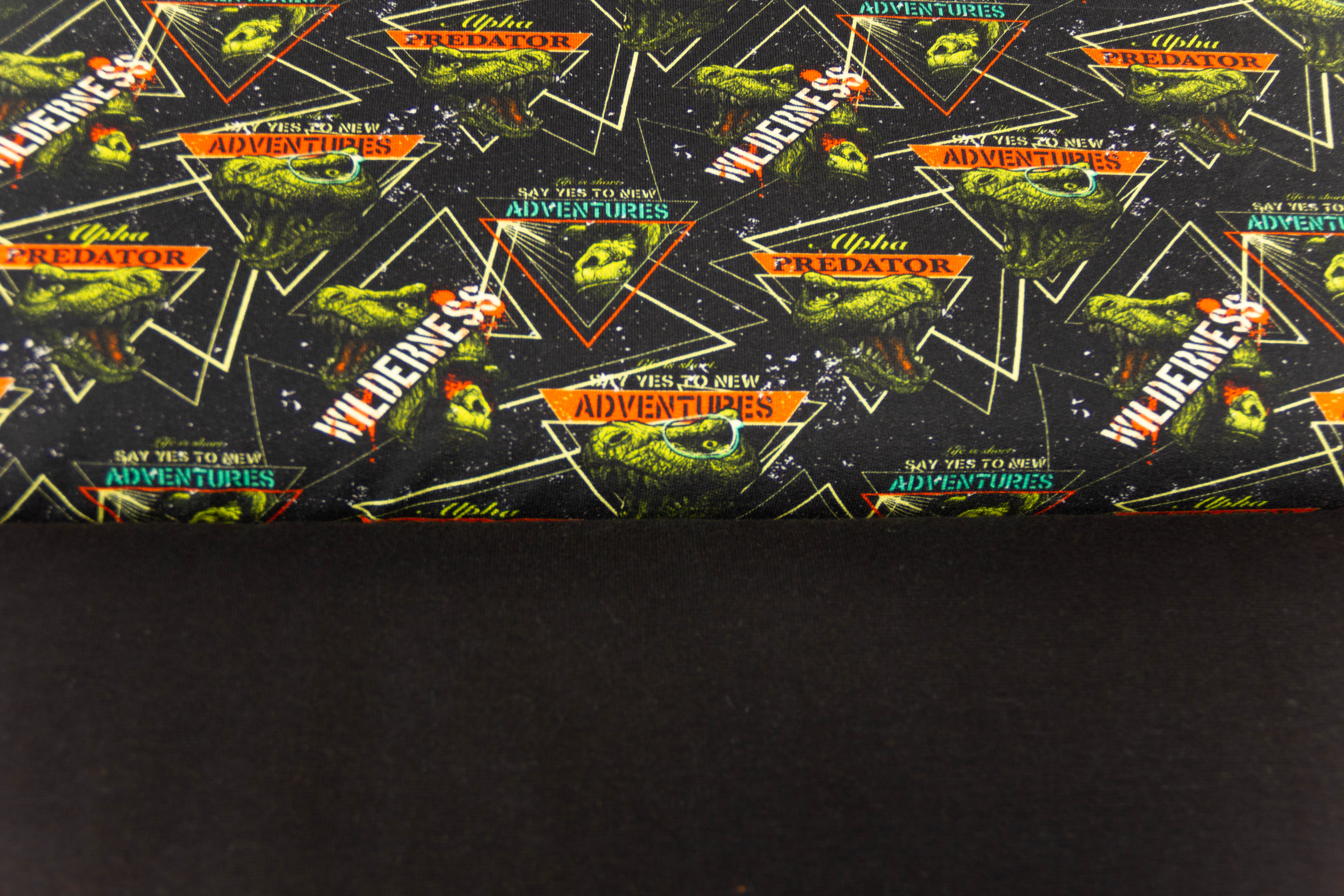 Stoffpaket French Terry + Bündchen, Jurassic King, Dinosaurier, schwarz