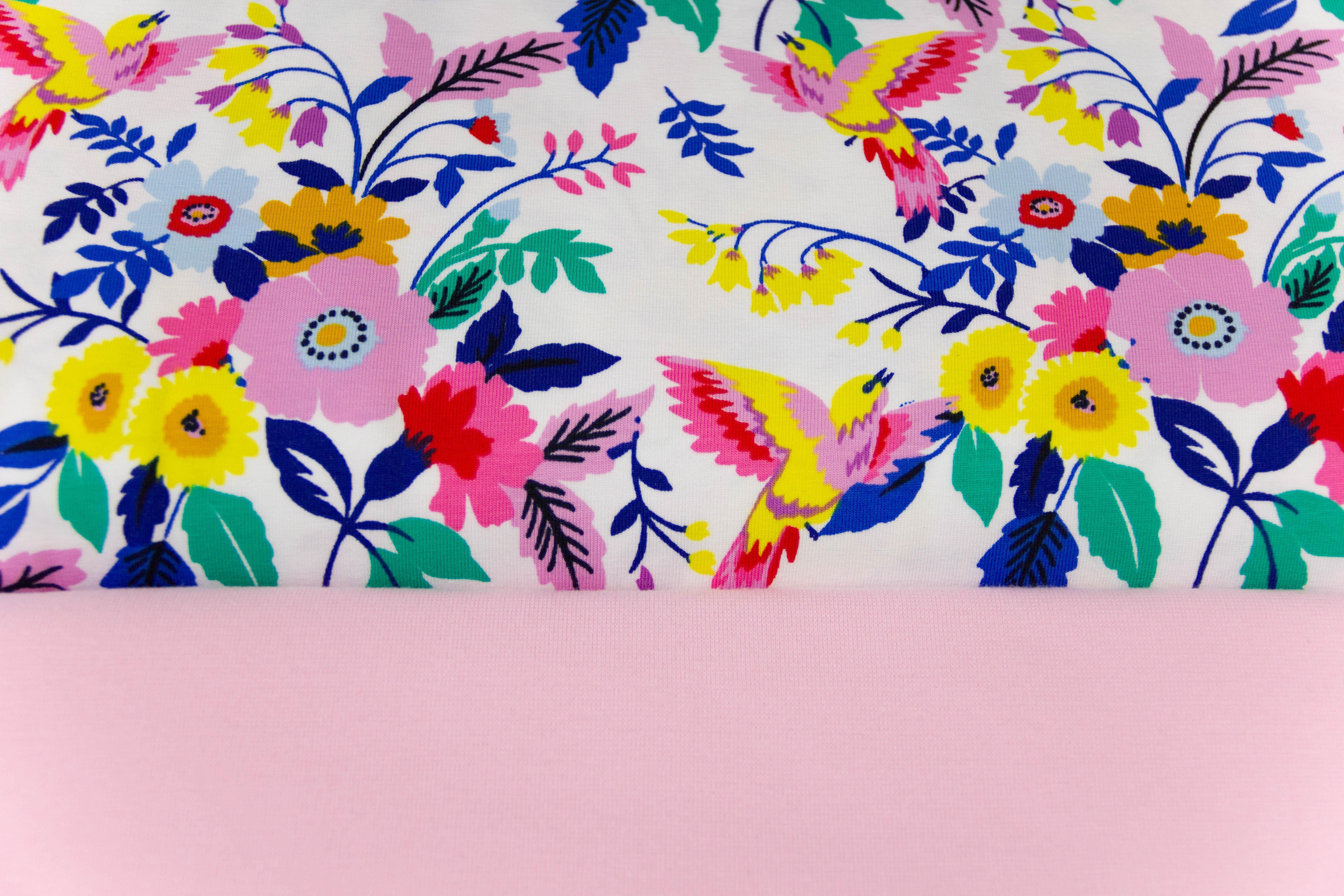 Stoffpaket Jersey mit Vögeln und Blumen, rosa