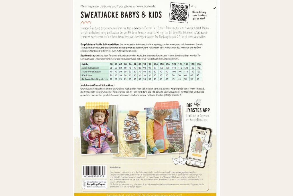Papierschnittmuster "Sweatjacke" von Lybstes (Gr. 50-146)