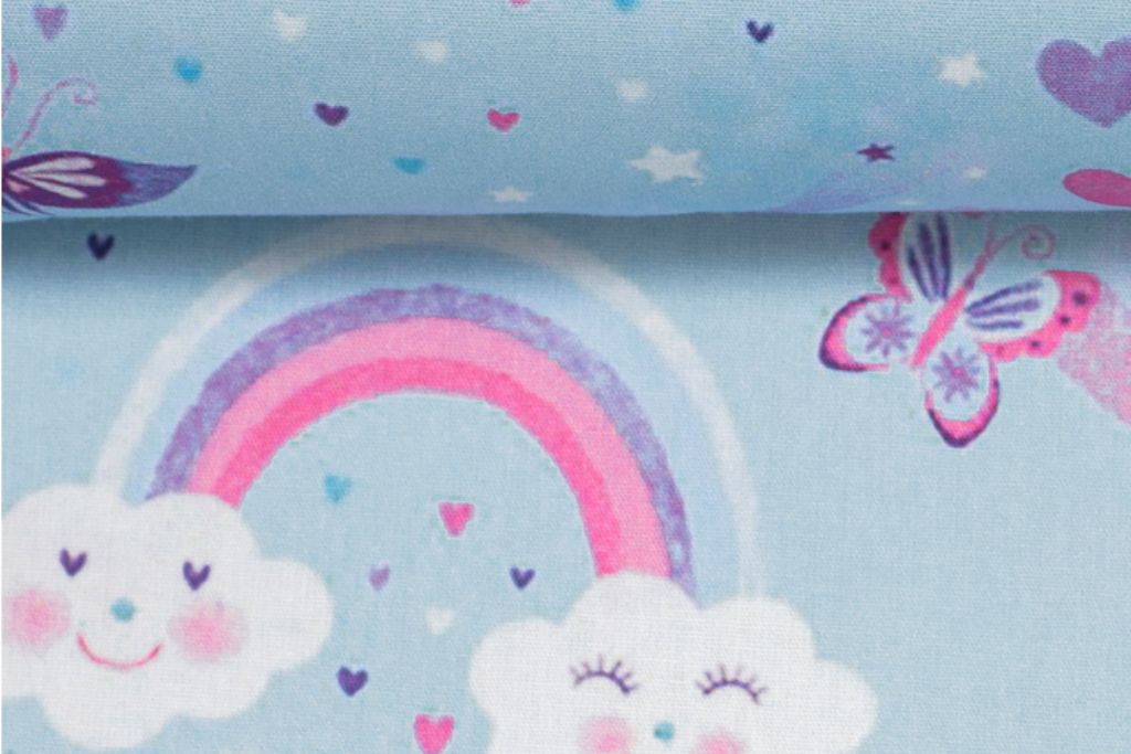 Baumwollstoff "Tim" mit Regenbogen, hellblau, 0,5 m