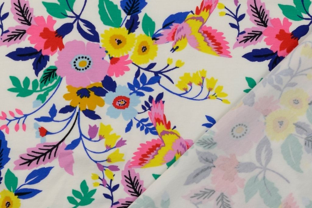 Jersey mit Blumen und Vögeln, weiß, 0,5 m
