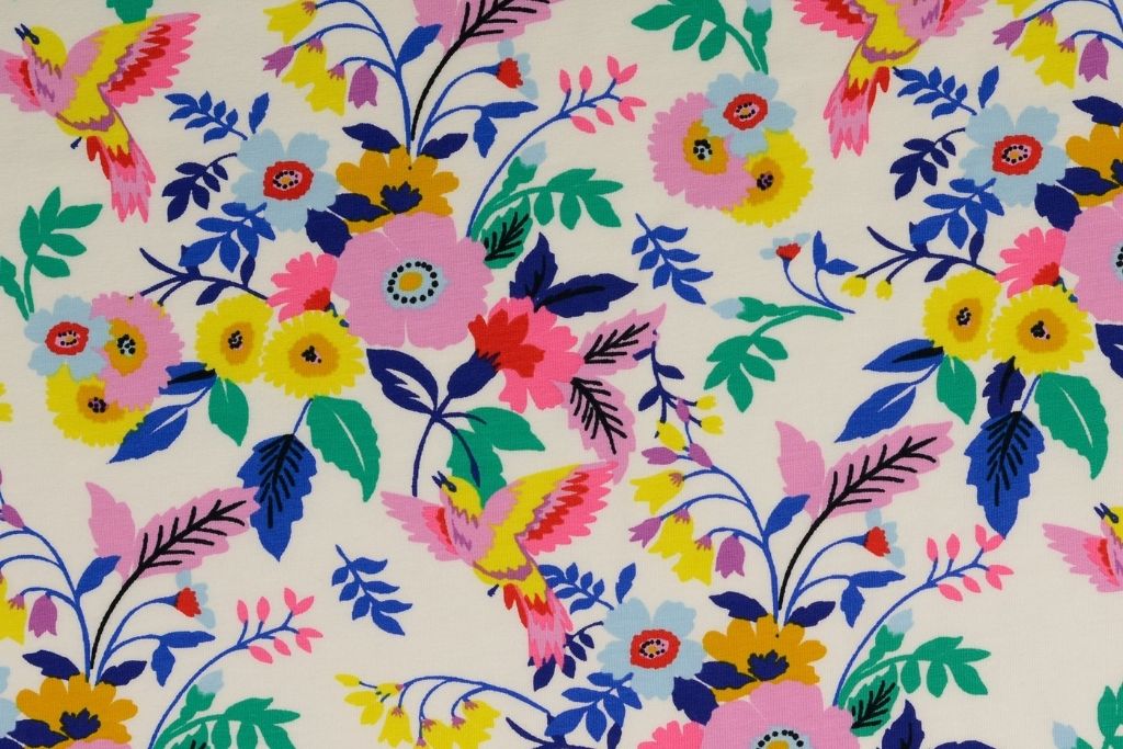 Stoffpaket Jersey mit Vögeln und Blumen, rosa