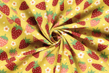 Baumwollwebware, Popeline mit Erdbeeren, ockergelb, 0,5 m